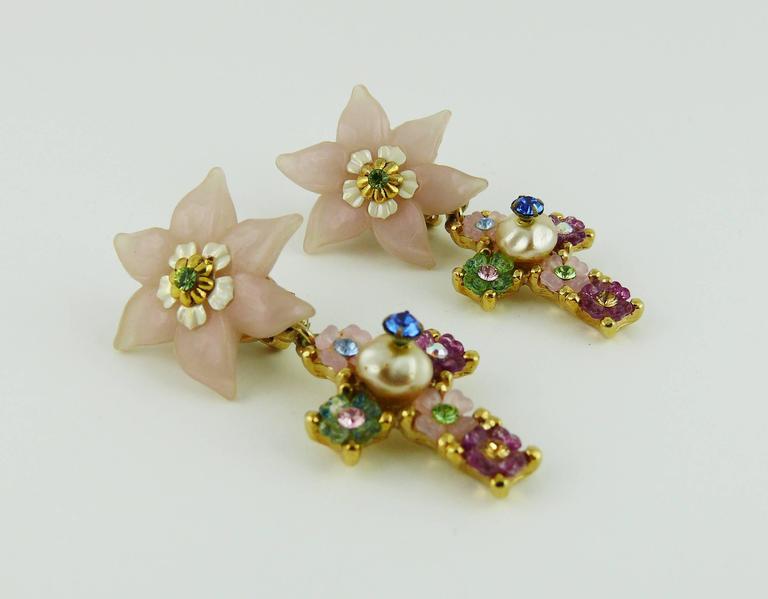 Christian Lacroix Vintage Jewelled Flower Cross Dangling Earrings at