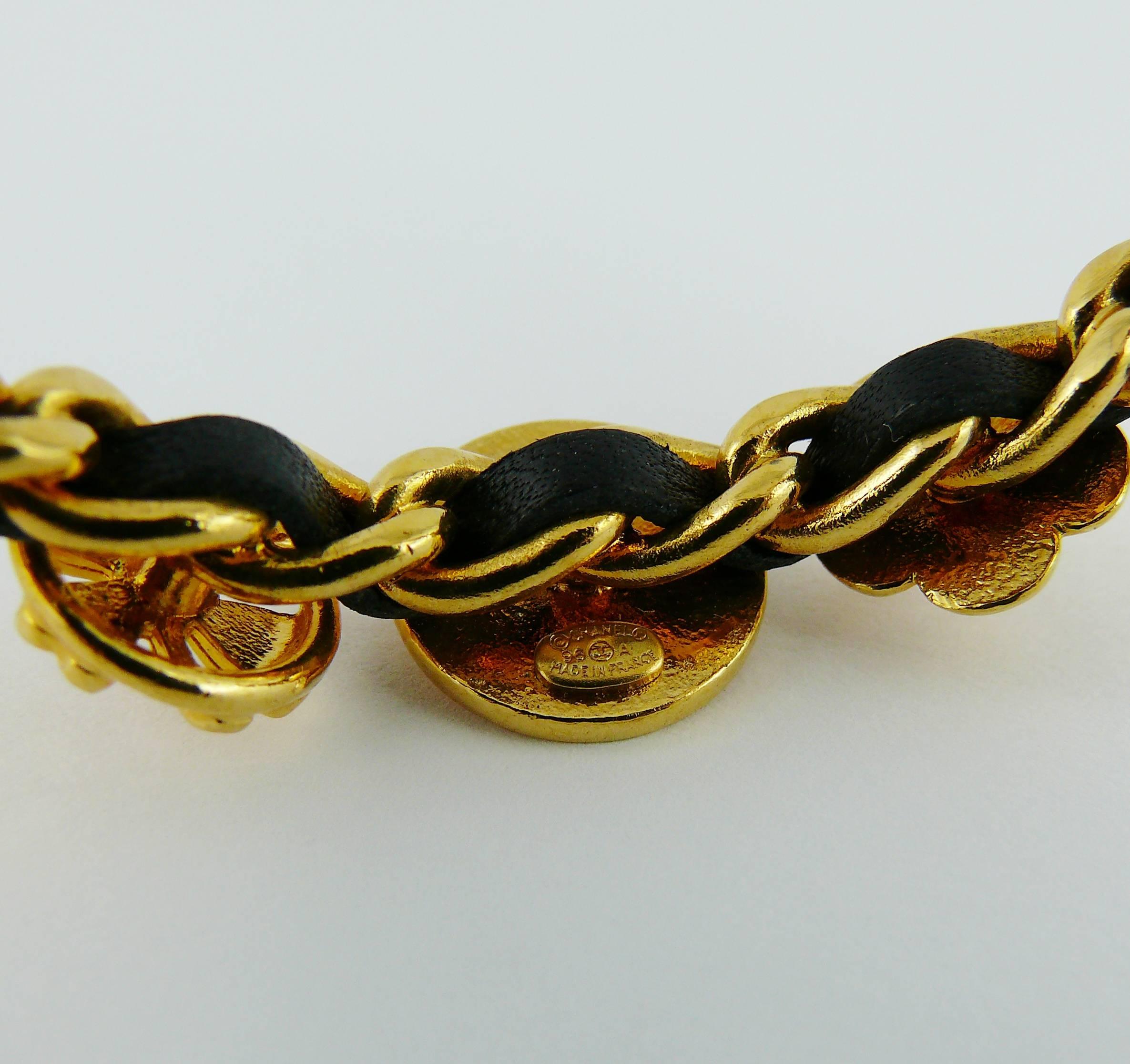 Chanel Vintage Interwoven Gold Toned Chain & Black Leather Coin Rigid Bracelet For Sale 1