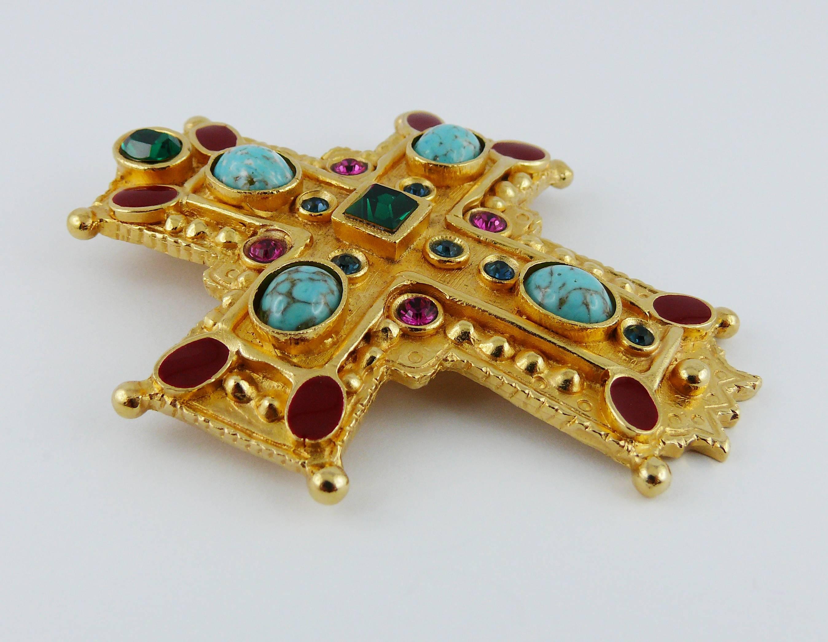 Women's Christian Lacroix Vintage Rare Massive Jewelled Gold Tone Cross Brooch Pendant