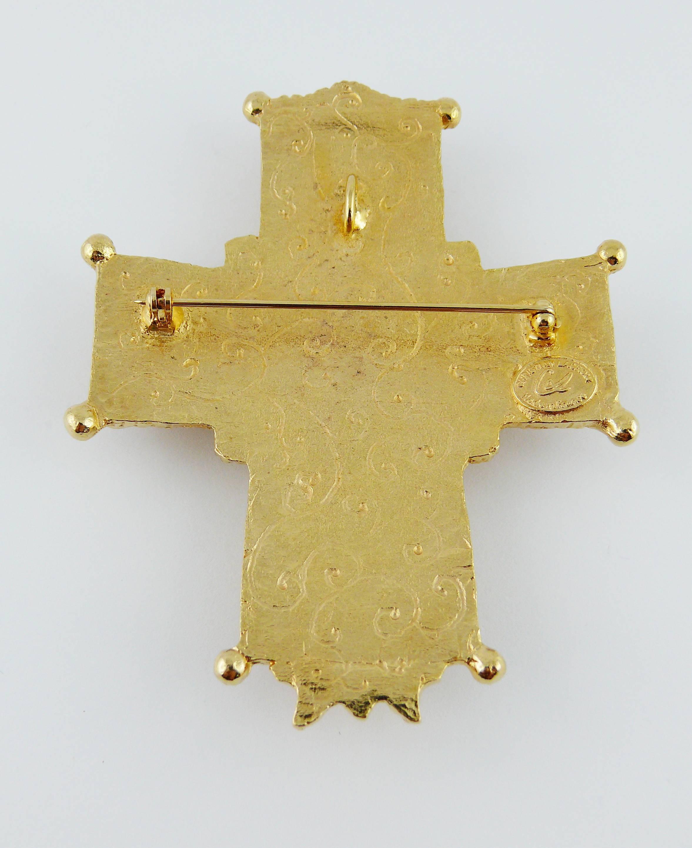 Christian Lacroix Vintage Rare Massive Jewelled Gold Tone Cross Brooch Pendant 1