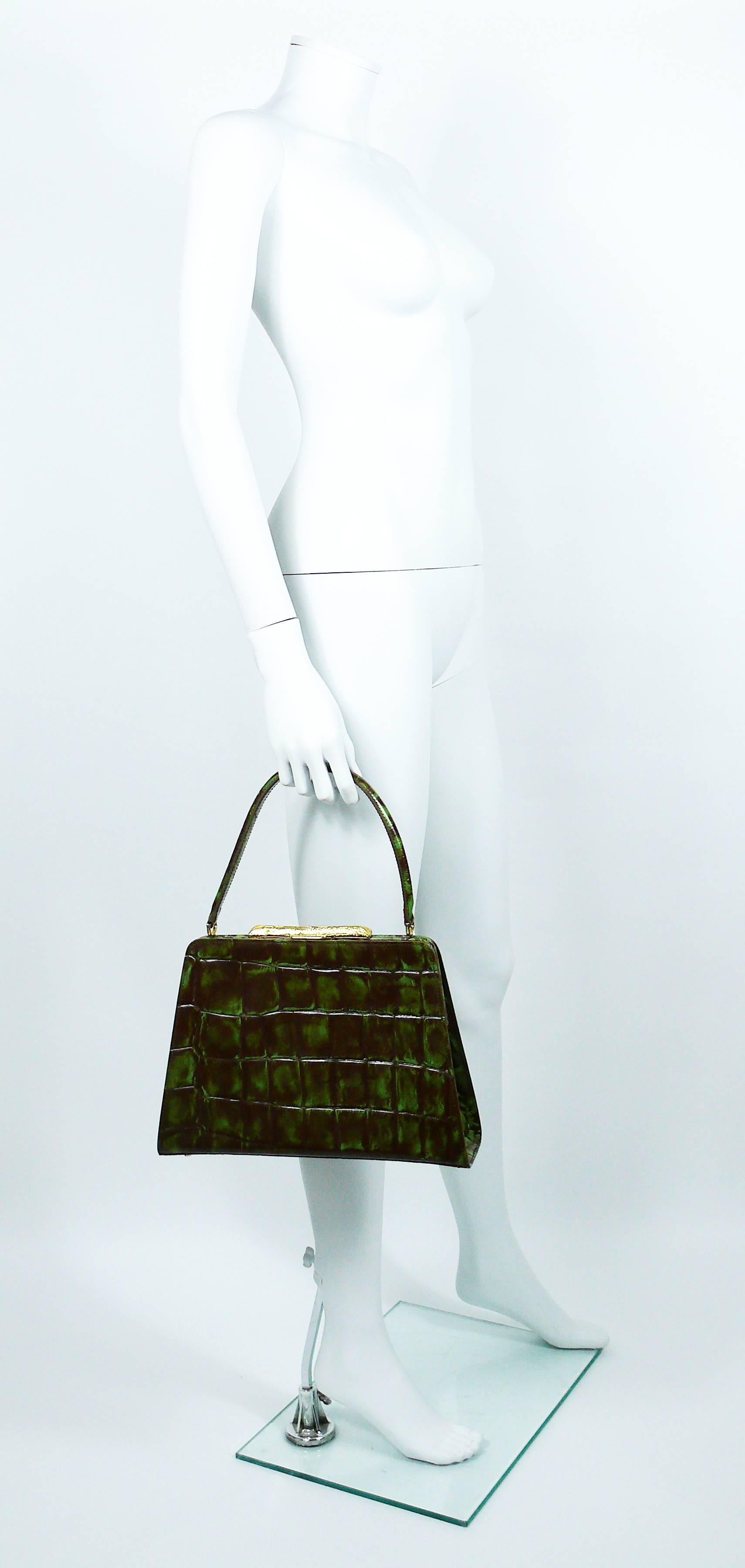 Black Christian Lacroix Vintage Rare Vibrant Croc Embossed Handbag