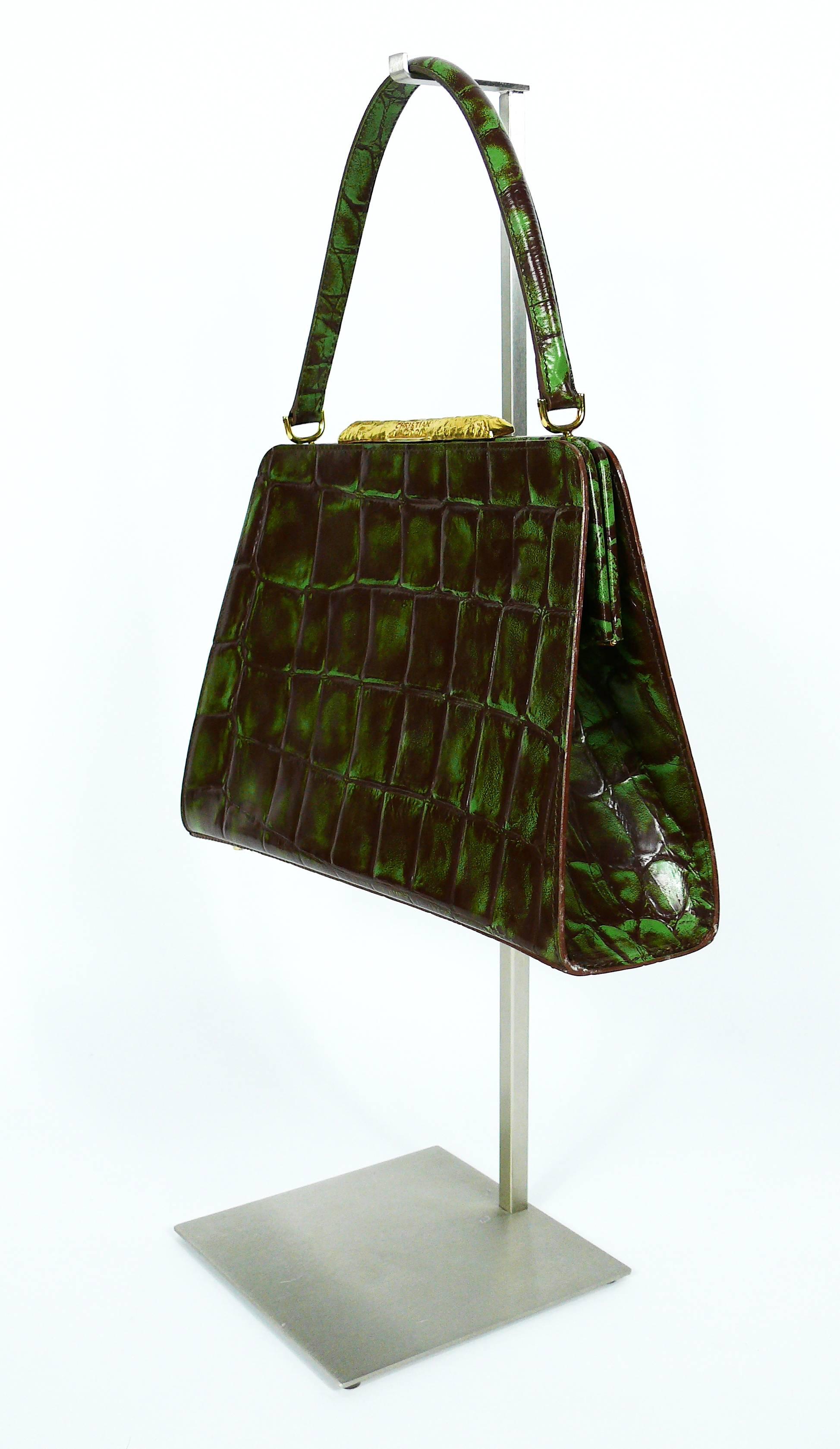 Christian Lacroix Vintage Rare Vibrant Croc Embossed Handbag In Excellent Condition In Nice, FR