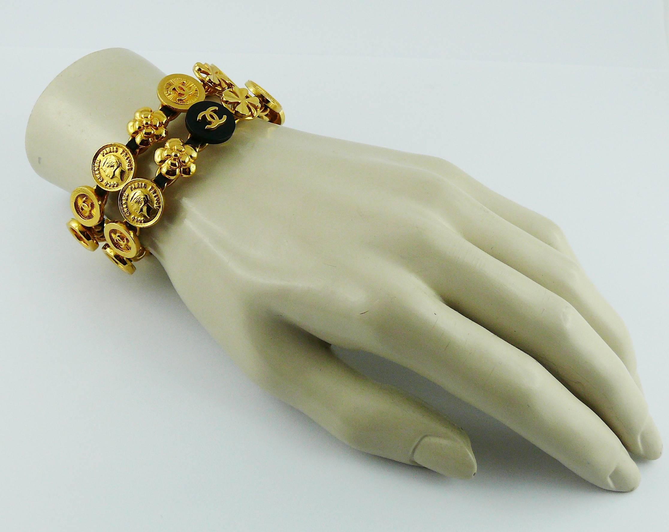 Women's Chanel Vintage Rare Interwoven Gold Chain & Black Leather Coin Bracelet Set