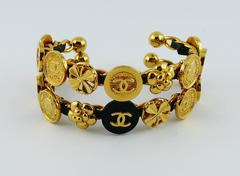 Chanel Vintage Rare Interwoven Gold Chain & Black Leather Coin Bracelet Set