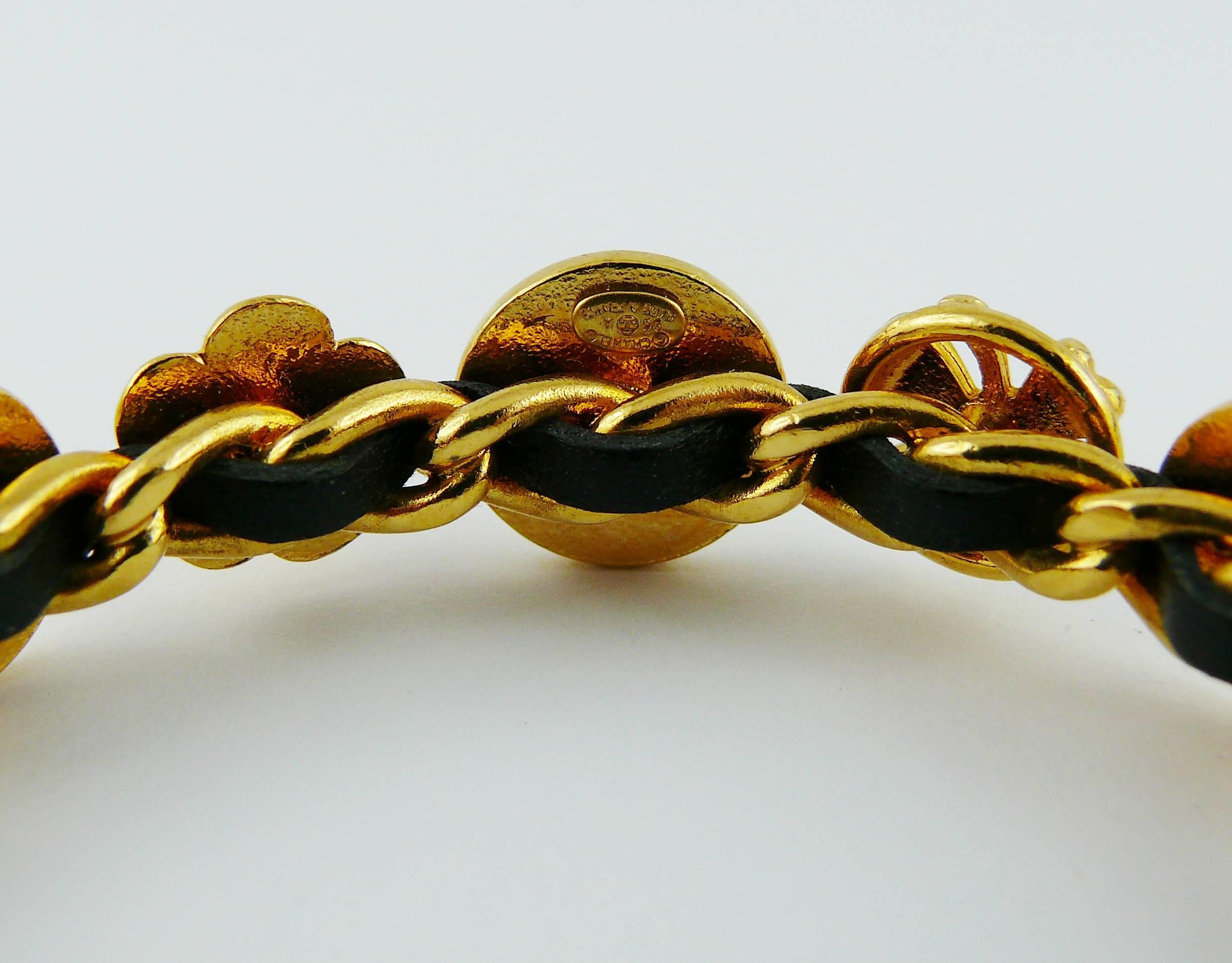 Chanel Vintage Rare Interwoven Gold Chain & Black Leather Coin Bracelet Set 3
