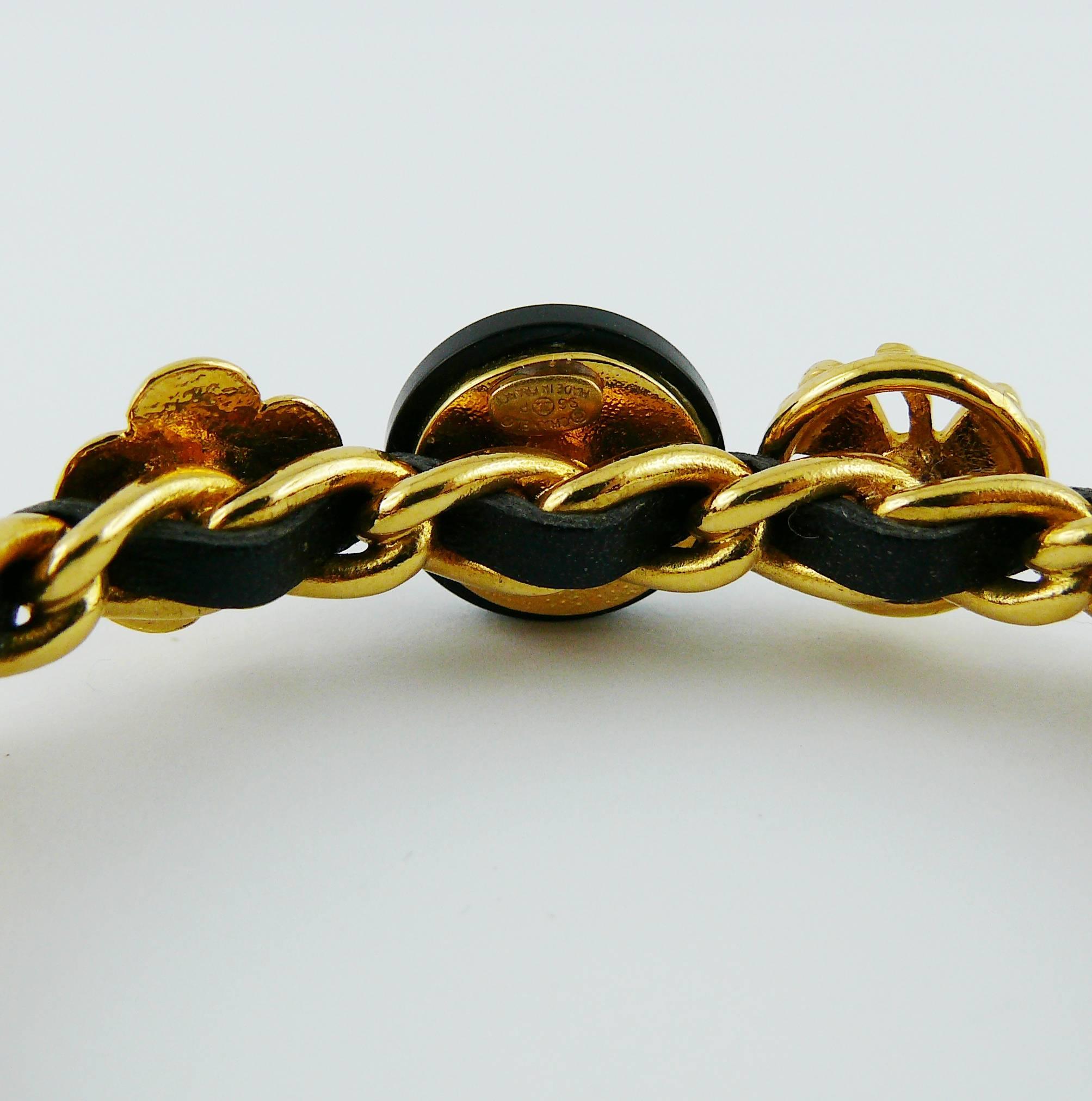 Chanel Vintage Rare Interwoven Gold Chain & Black Leather Coin Bracelet Set 4