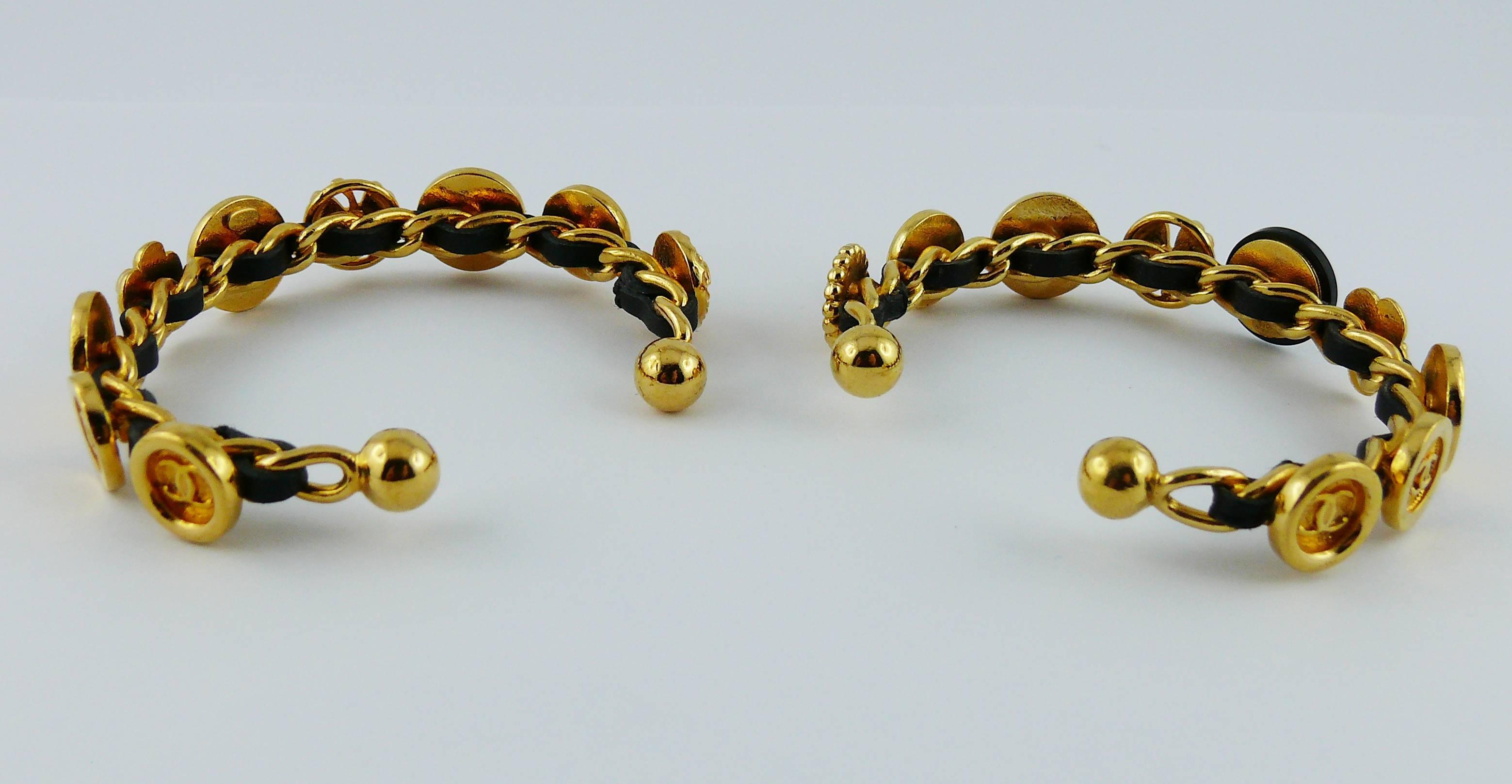 Chanel Vintage Rare Interwoven Gold Chain & Black Leather Coin Bracelet Set 2