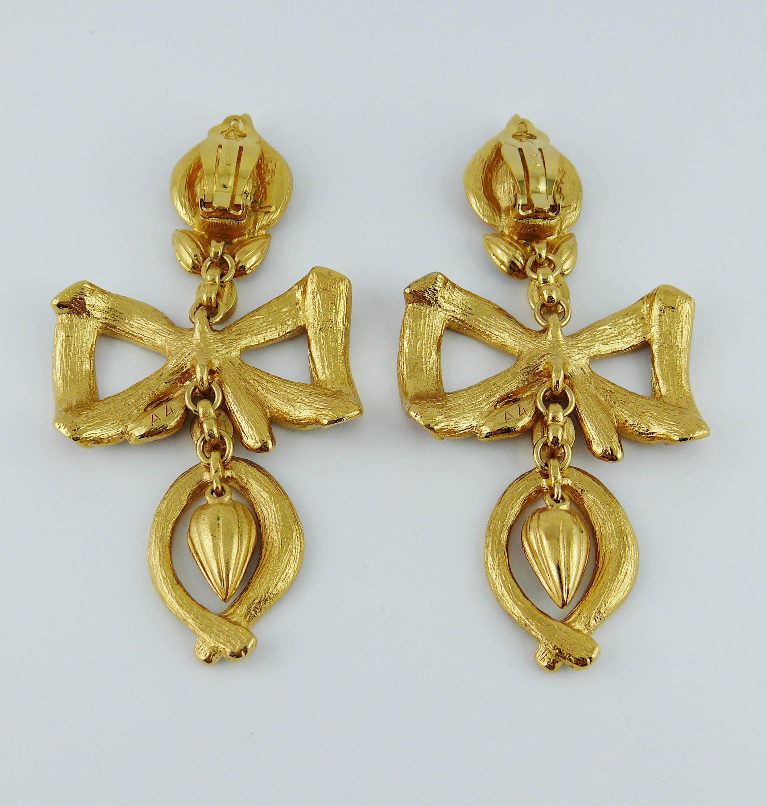 Yves Saint Laurent YSL Vintage Extra Long Jewelled Bow Dangle Earrings In Excellent Condition In Nice, FR