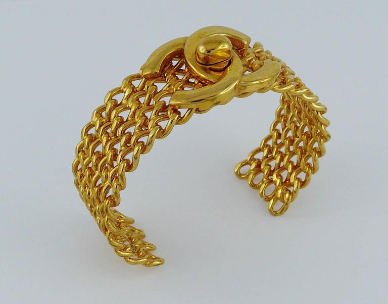 Chanel Vintage 1997 CC Turnlock and Chains Gold Toned Cuff