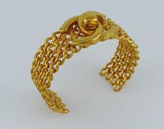 Chanel Vintage 1997 CC Turnlock and Chains Gold Toned Cuff Bracelet