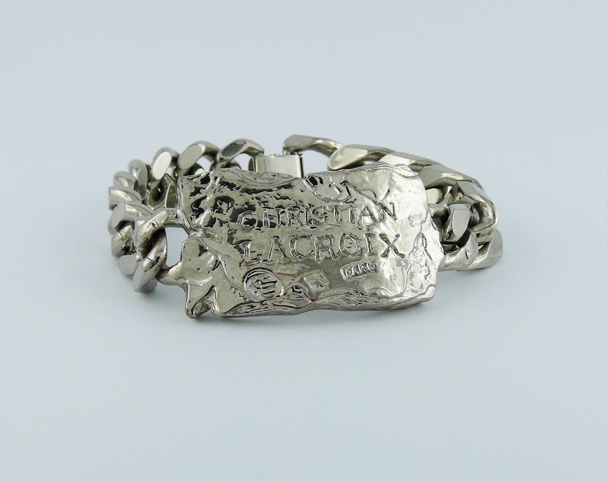 Women's or Men's Christian Lacroix Vintage Rare Silver Tone ID Tag Curb Bracelet For Sale