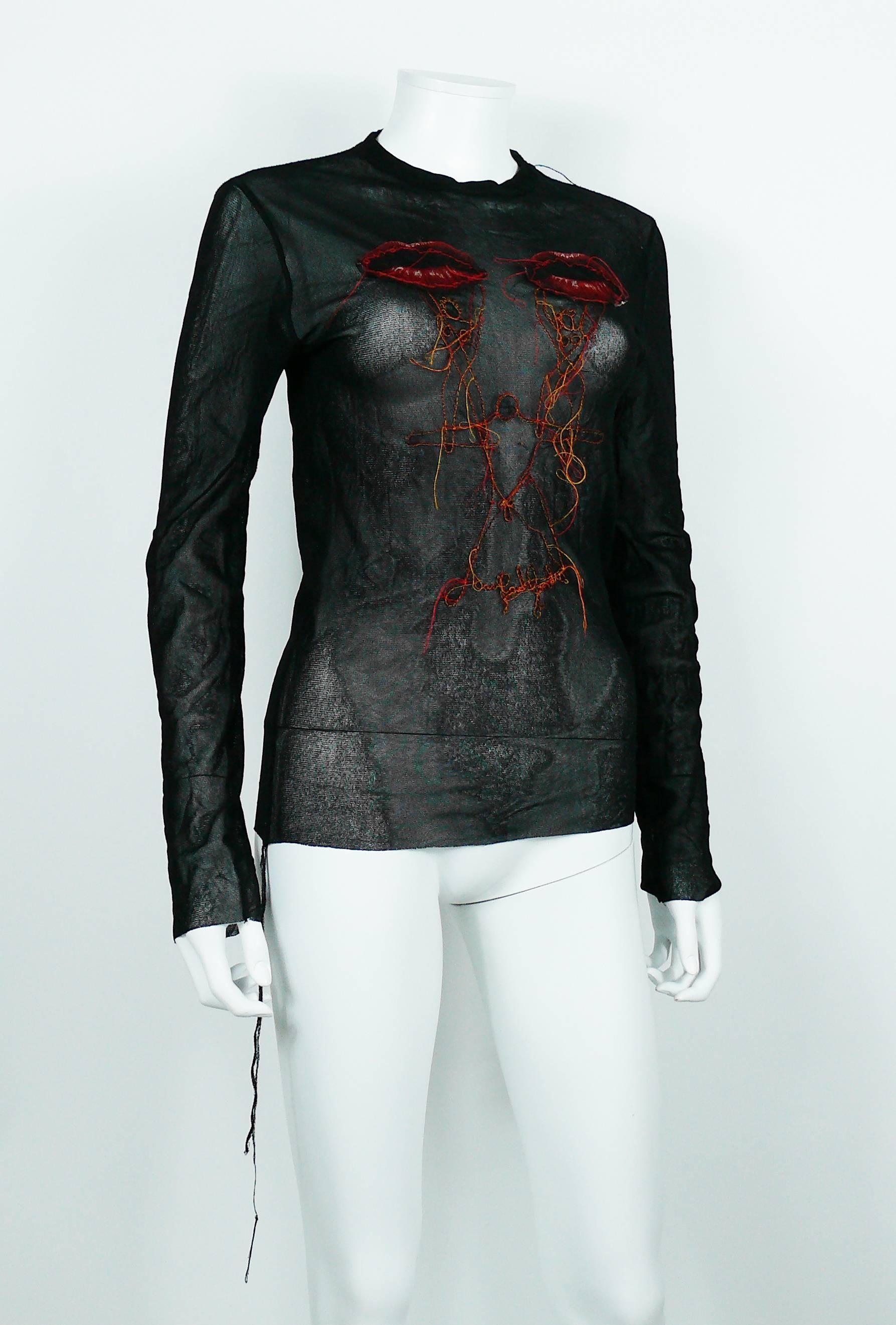 Black Jean Paul Gaultier Men Vintage Mesh Top with Mouth Appliques Size M