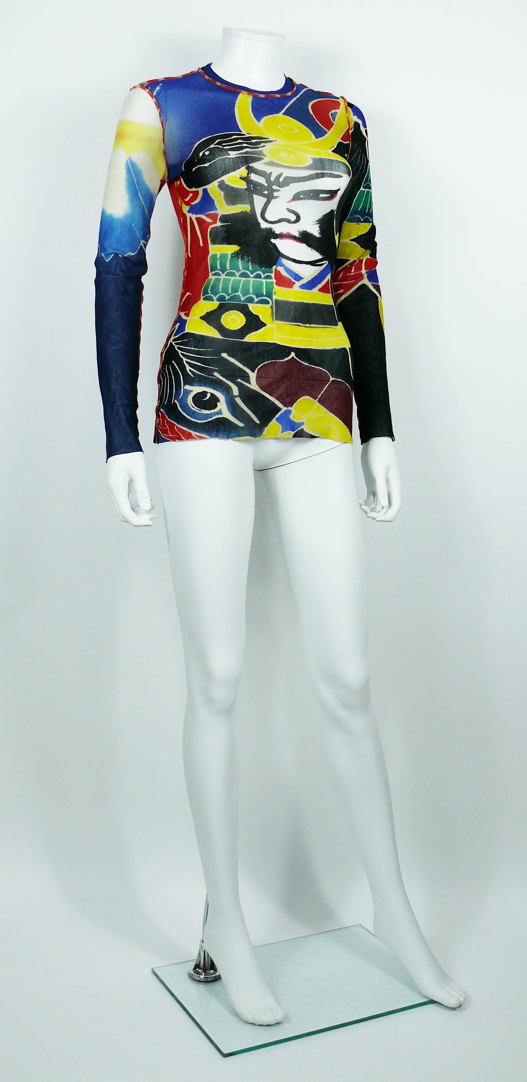 JEAN PAUL GAULTIER Maille vintage unisex sheer mesh nylon top featuring a Japanese colorful print tattoo design.

Exposed knit seams.

Label reads Jean Paul Gaultier Maille Made in Italy.

Missing composition and care tag.

Size tag reads :