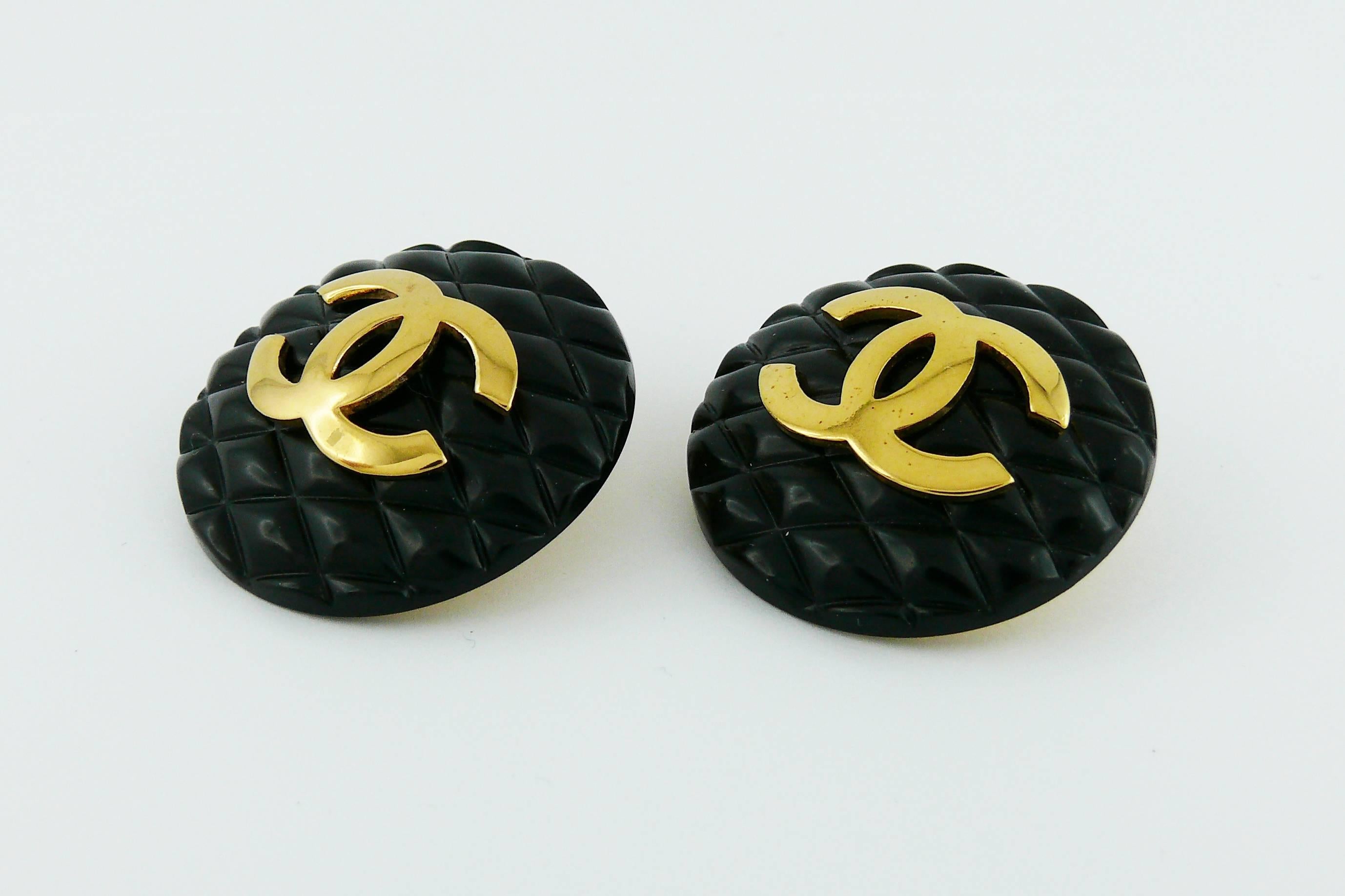 Chanel Vintage Large Black Quilted Logo Clip-On Earrings 1