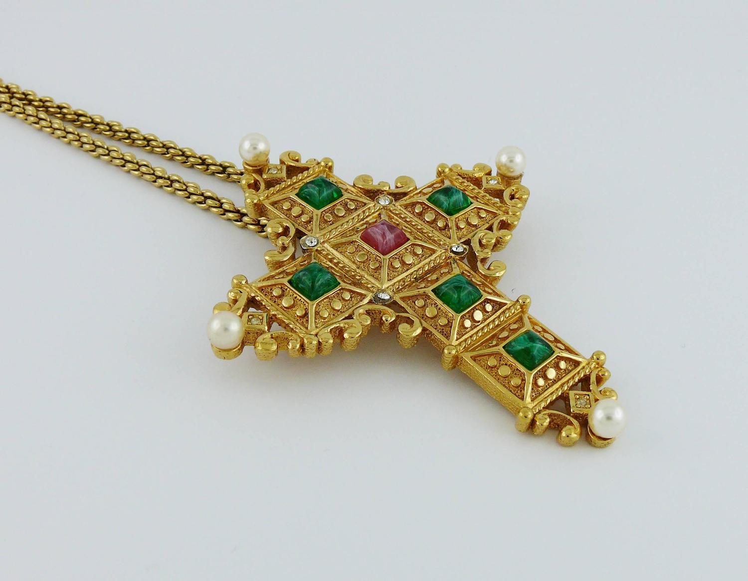 Christian Dior Vintage Bejeweled Cross Pendant Necklace Brooch For Sale