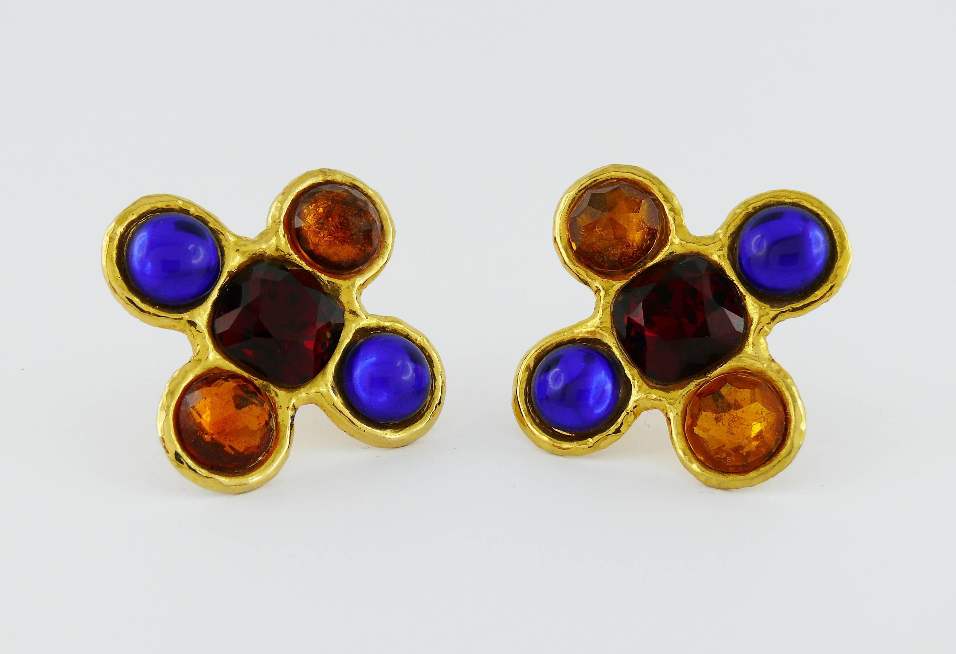 Yves Saint Laurent YSL Rive Gauche Vintage Jewelled Cross Clip-On Earrings In Excellent Condition In Nice, FR