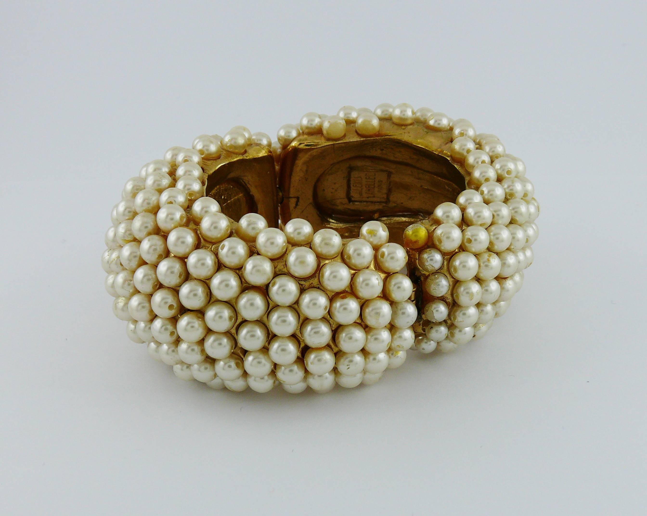 Women's Alexis Lahellec Vintage 1980s Massive Gold Toned Pearl Clamper Cuff Bracelet  For Sale