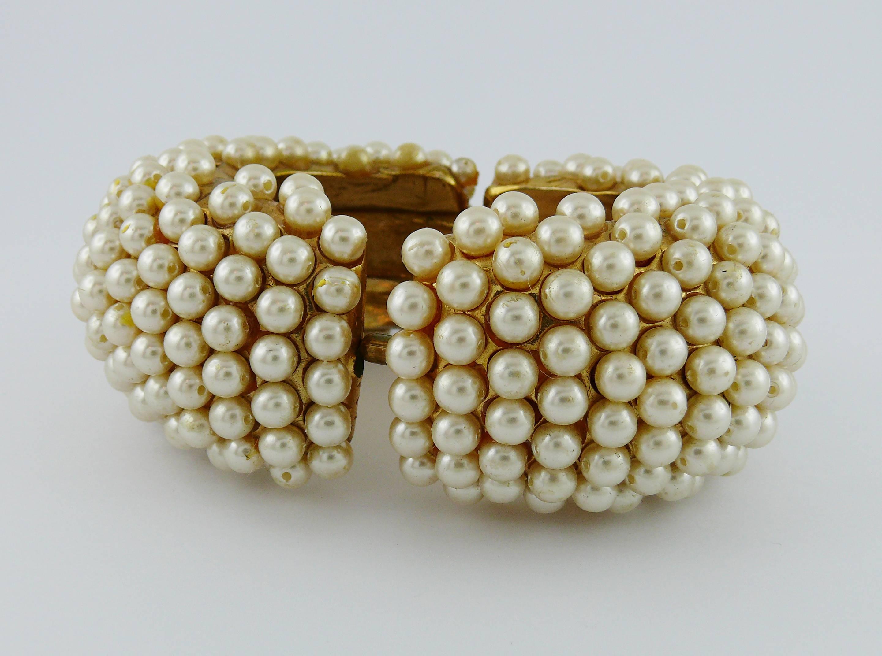 Alexis Lahellec Vintage 1980s Massive Gold Toned Pearl Clamper Cuff Bracelet  For Sale 2