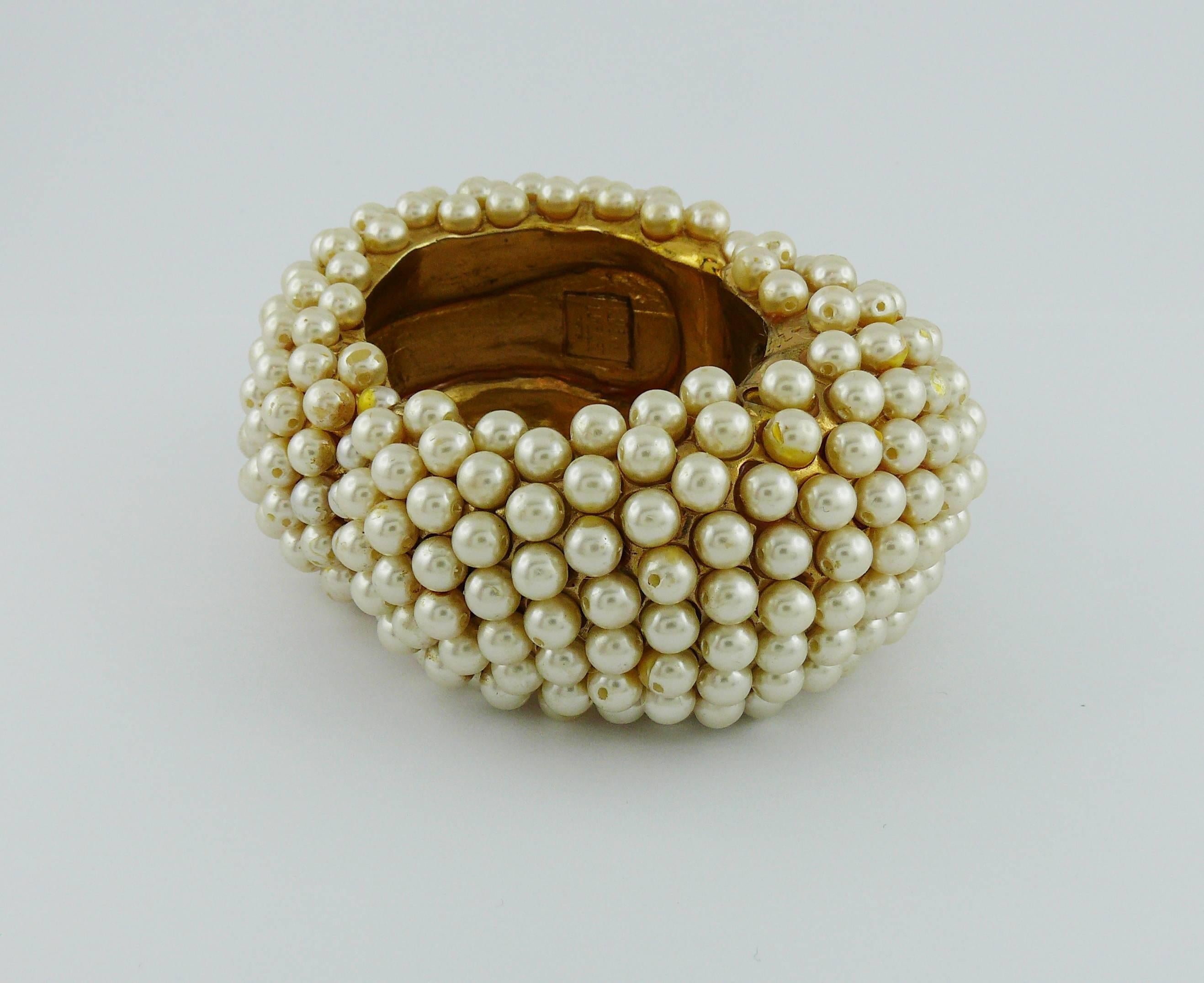 Alexis Lahellec Vintage 1980s Massive Gold Toned Pearl Clamper Cuff Bracelet  For Sale 1