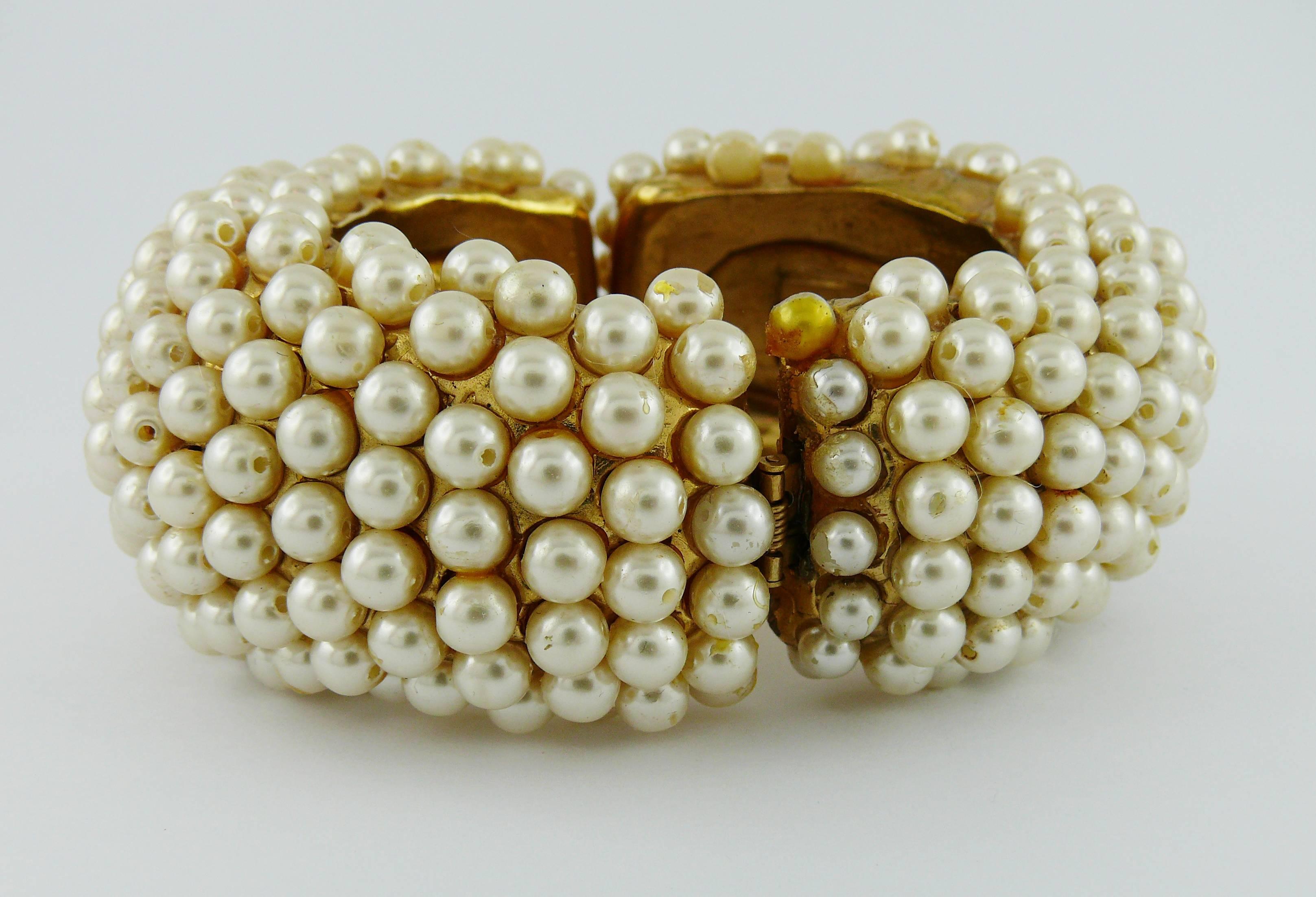 Alexis Lahellec Vintage 1980s Massive Gold Toned Pearl Clamper Cuff Bracelet  For Sale 3