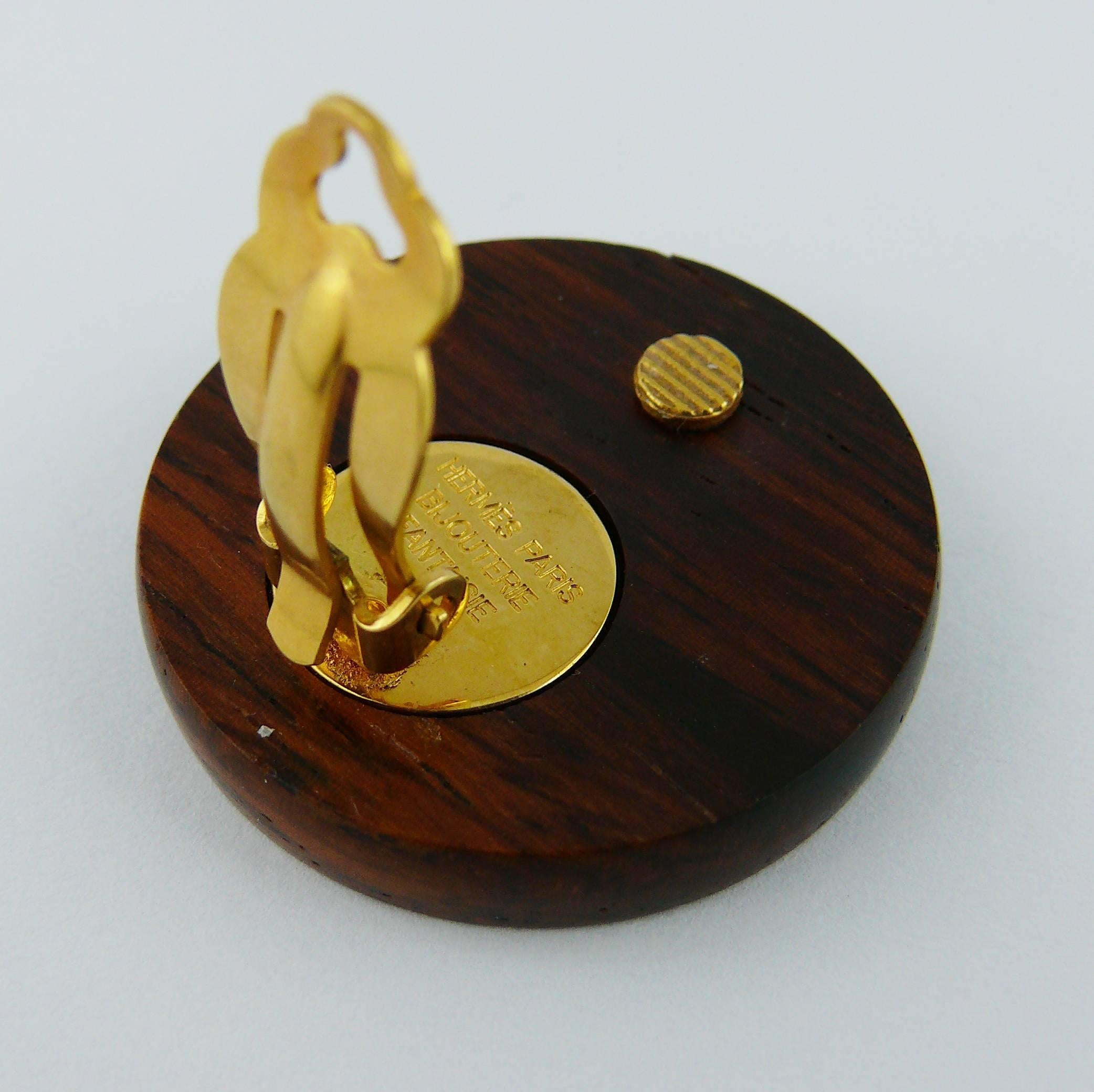 Women's Hermes Vintage Wood and Gold Plated Clip-On Earrings