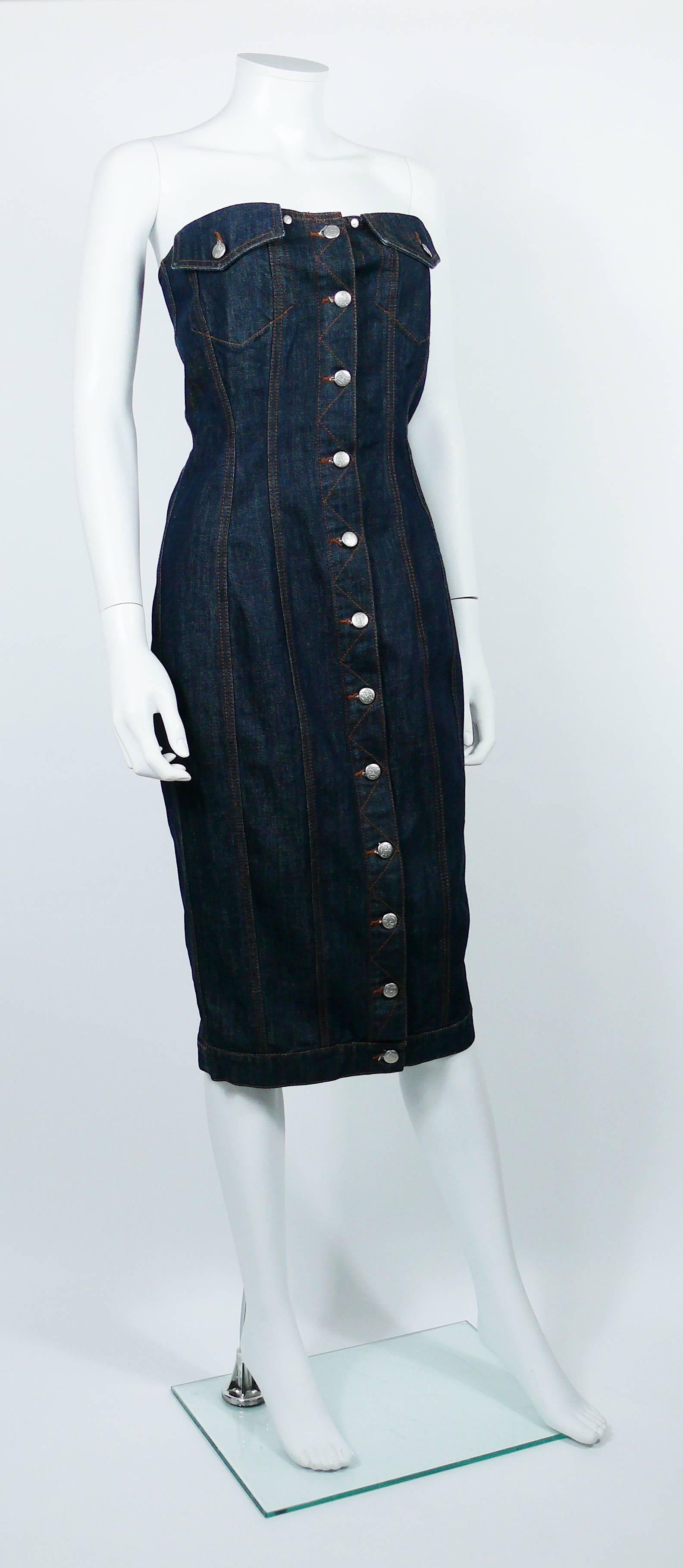 JEAN PAUL GAULTIER vintage denim bustier dress.

This dress features :
- Front buttoning. 
- Lace-up back.
- Boning on breast area.
- Two front pockets.
- Silver tone buttons.
- Contrast stitching.

Label reads JPG JEAN'S by GAULTIER.
Producted and