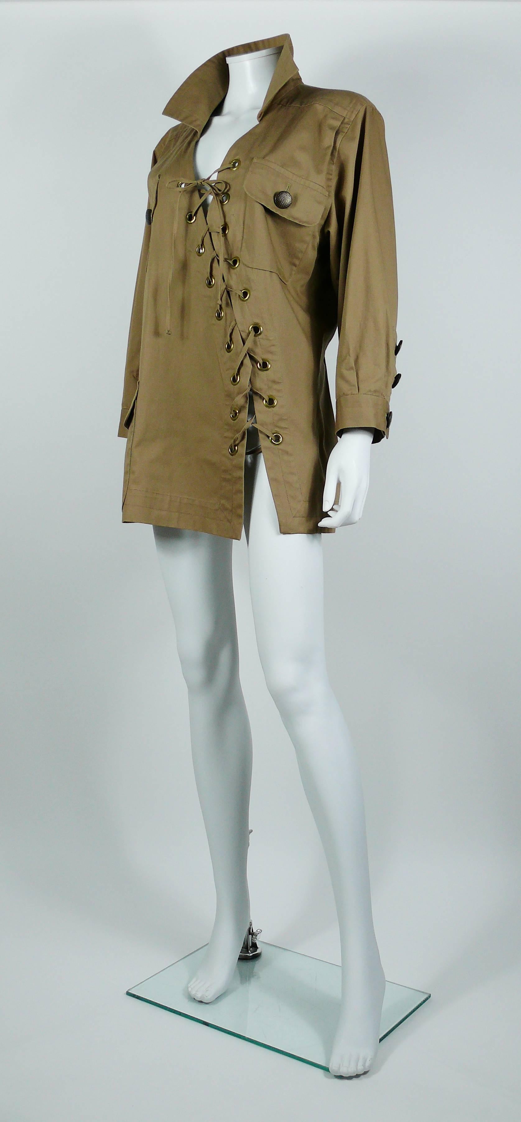 Women's Yves Saint Laurent YSL Vintage 1990 Cotton Safari Tunic with Asymmetric Lacing 