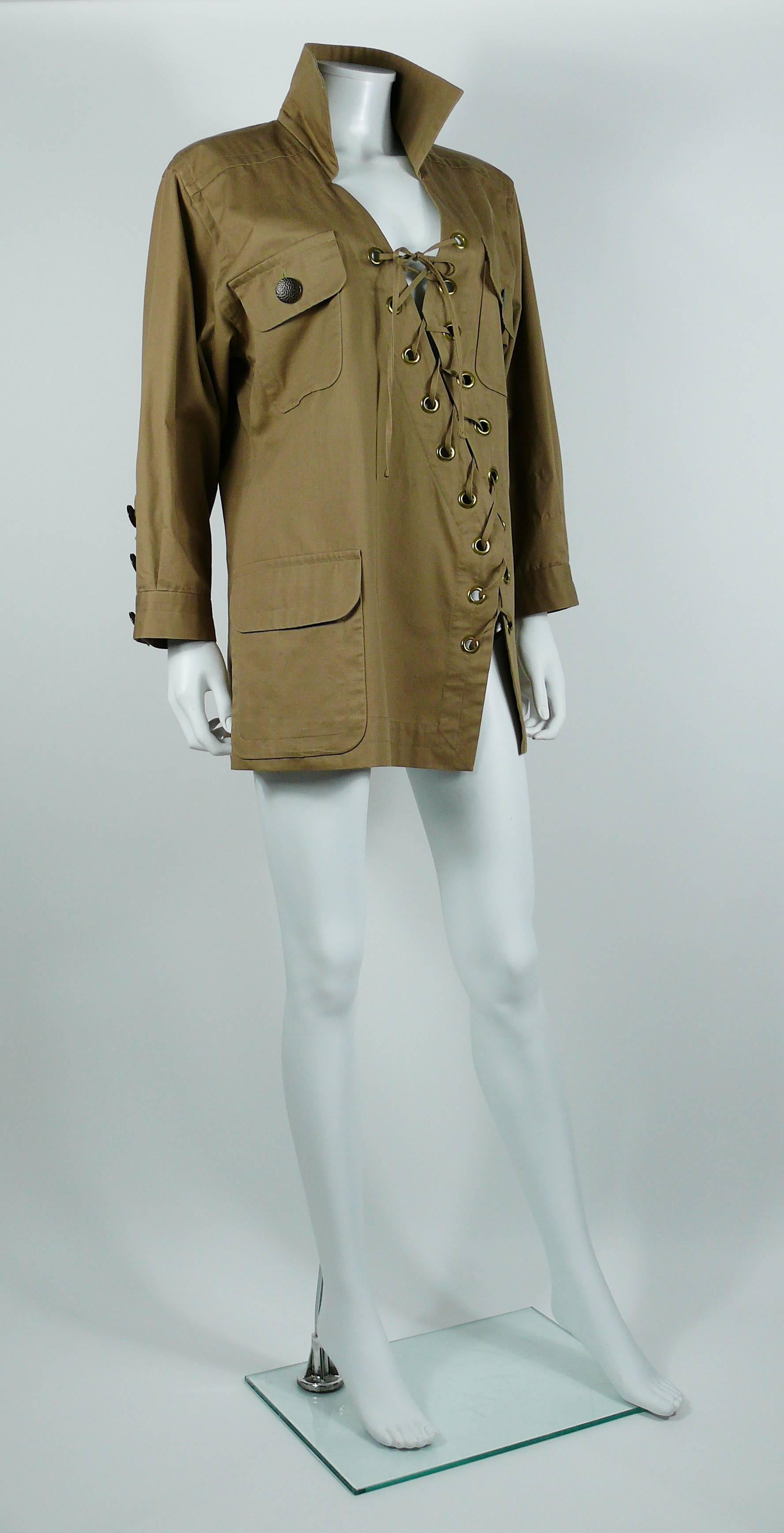 Brown Yves Saint Laurent YSL Vintage 1990 Cotton Safari Tunic with Asymmetric Lacing 