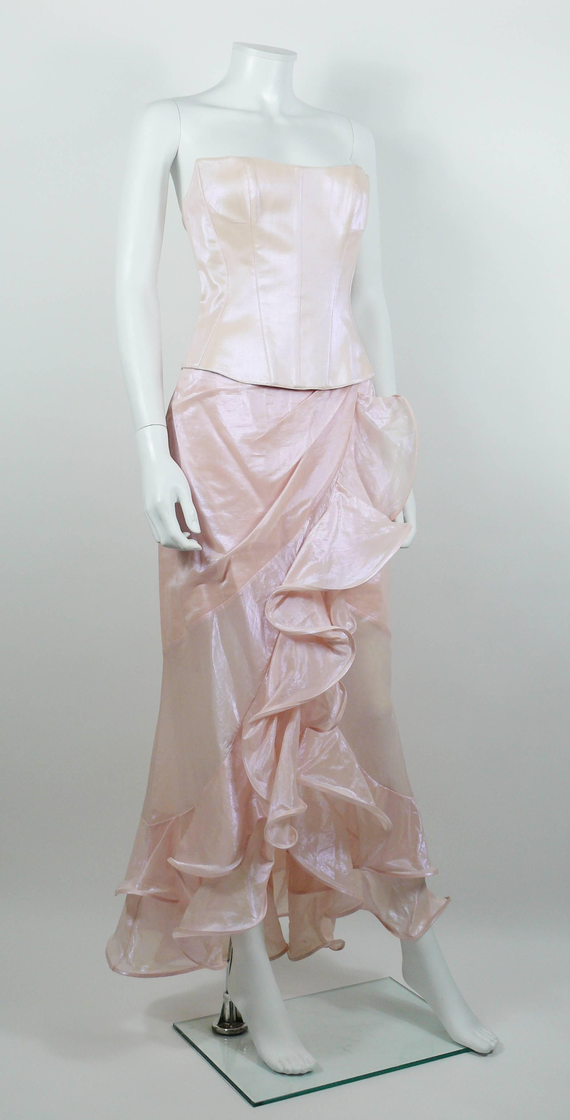 THIERRY MUGLER Couture vintage iridescent pink two piece suit featuring a bustier corset top and a ruffled wrap long skirt.

BUSTIER features :
- Fully lined.
- Whalebones.
- Hidden snap and hook back closure.

SKIRT features :
- Wrap cut.
-