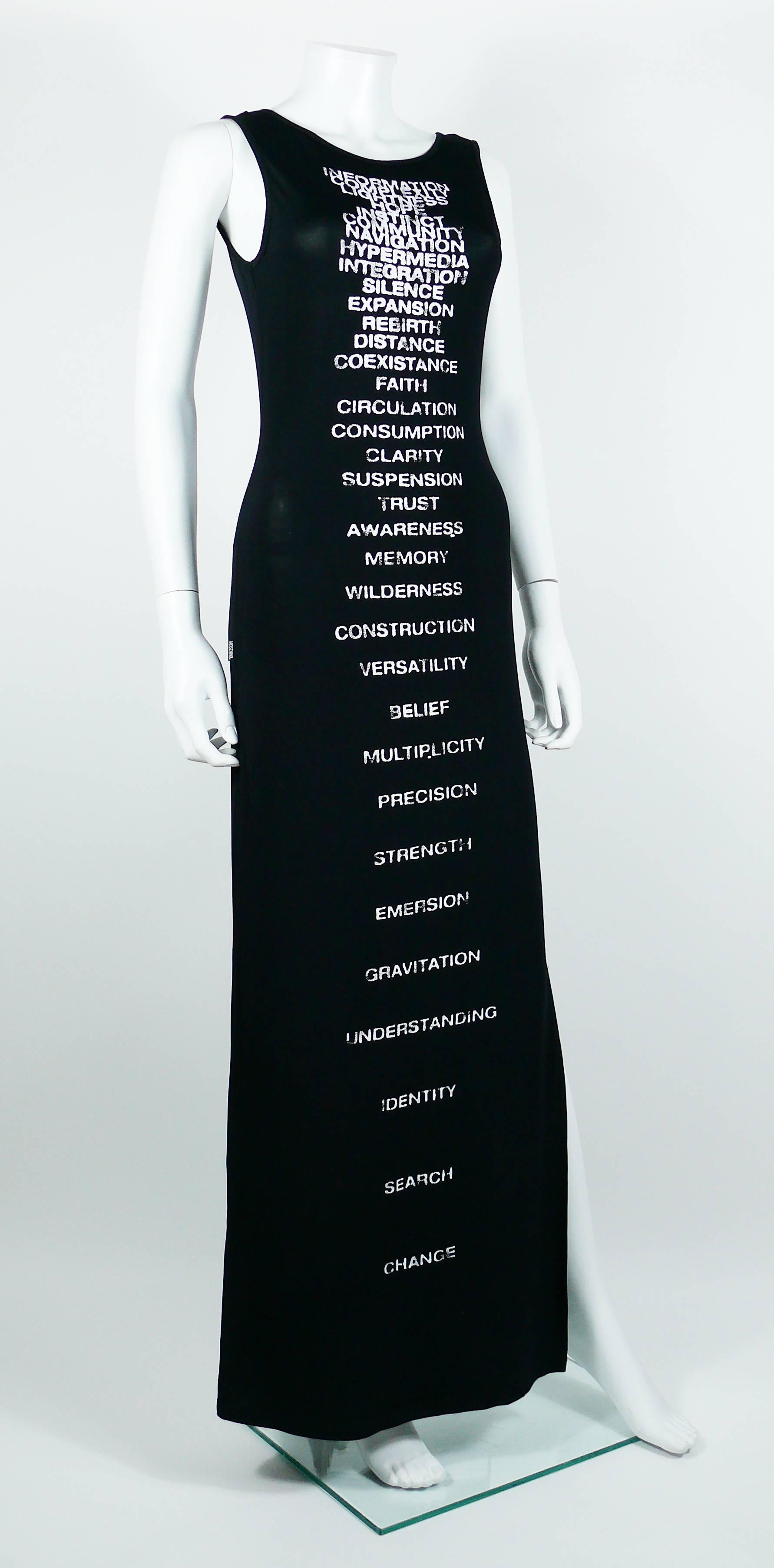 MOSCHINO vintage black maxi dress with all over text.

This dress features :
- Black hugging synthetic with spandex material.
- White print distressed lettering with words 