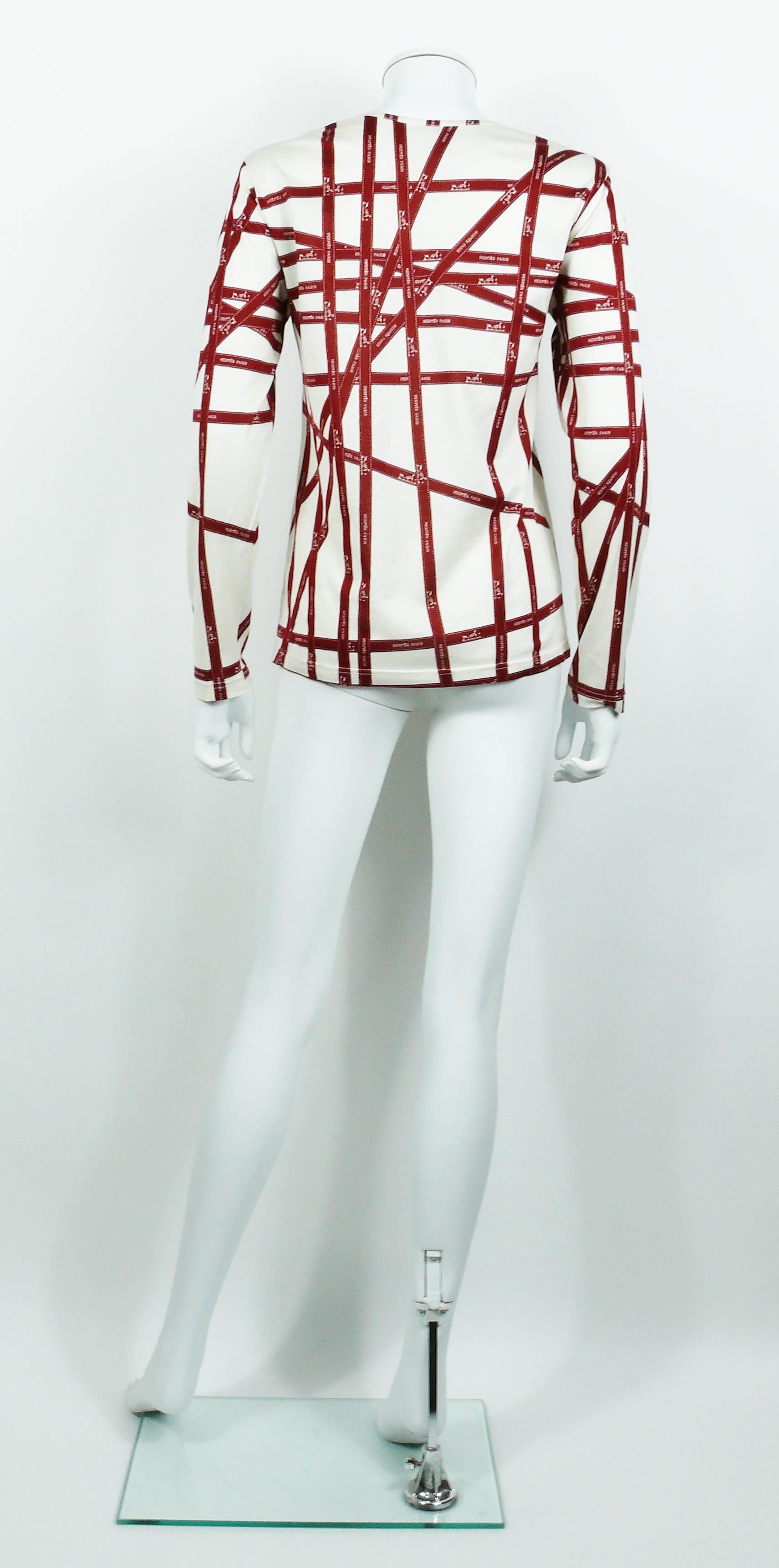 Hermès Off-White & Burgundy Bolduc Ribbon Print T-shirt In Excellent Condition In Nice, FR