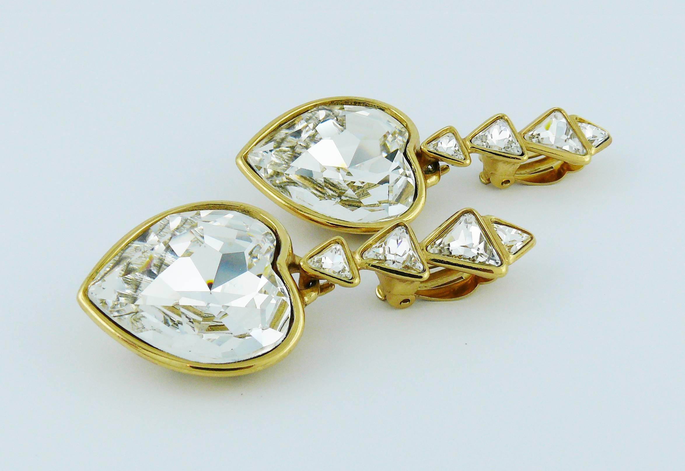 Yves Saint Laurent YSL Vintage Massive Diamante Heart Dangling Earrings In Good Condition In Nice, FR