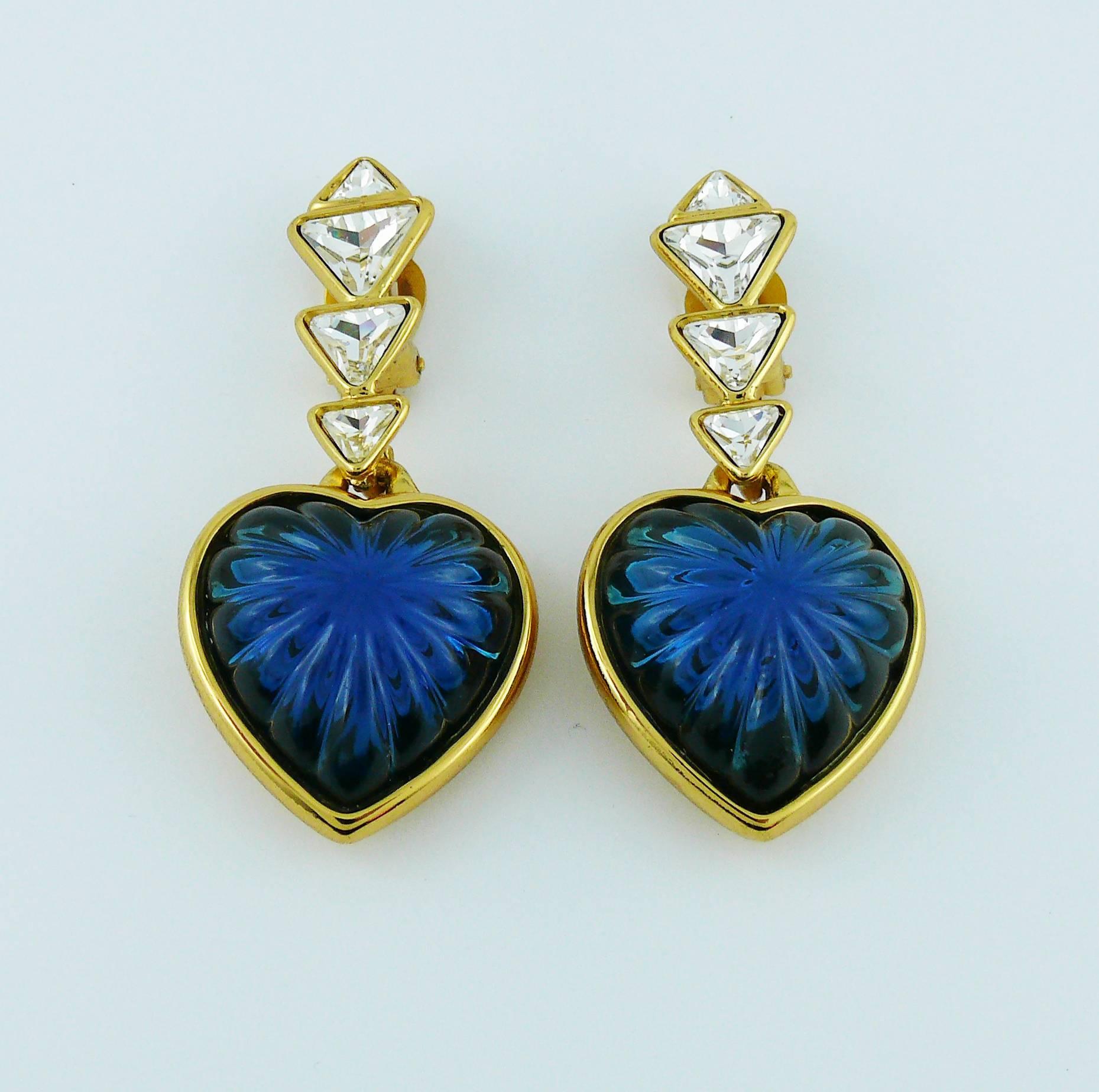 Women's Yves Saint Laurent YSL Vintage Massive Faux Sapphire Heart Dangling Earrings