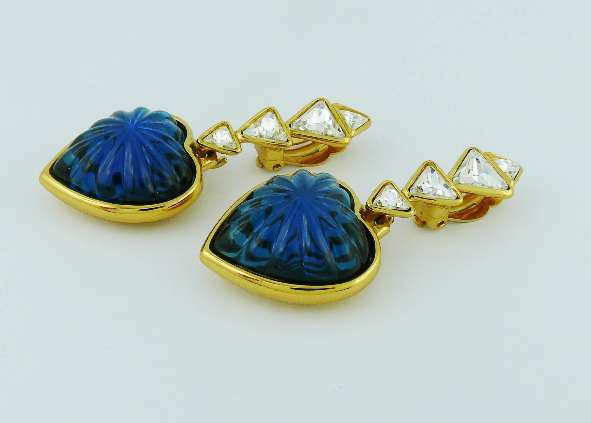 Yves Saint Laurent YSL Vintage Massive Faux Sapphire Heart Dangling Earrings 1