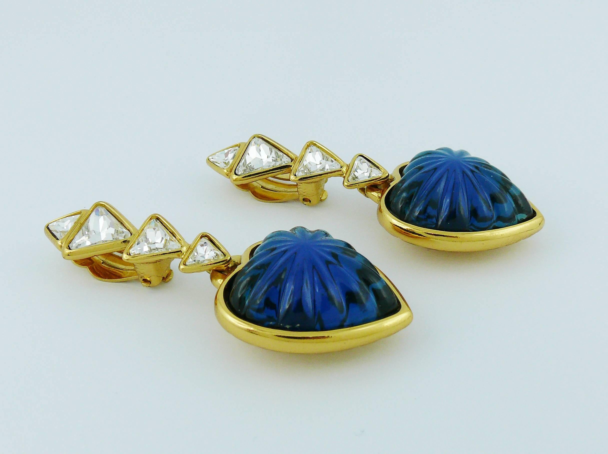 Yves Saint Laurent YSL Vintage Massive Faux Sapphire Heart Dangling Earrings In Excellent Condition In Nice, FR