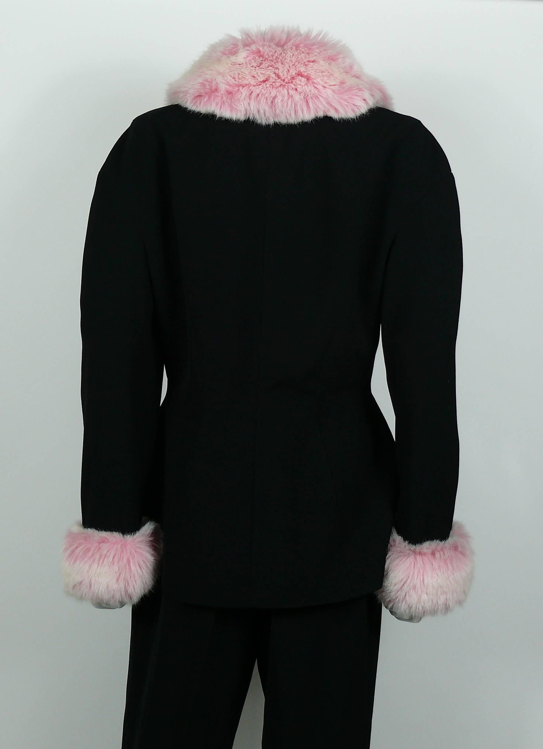 Thierry Mugler Vintage Black Worsted Wool and Faux Pink Fur Pant Suit 5