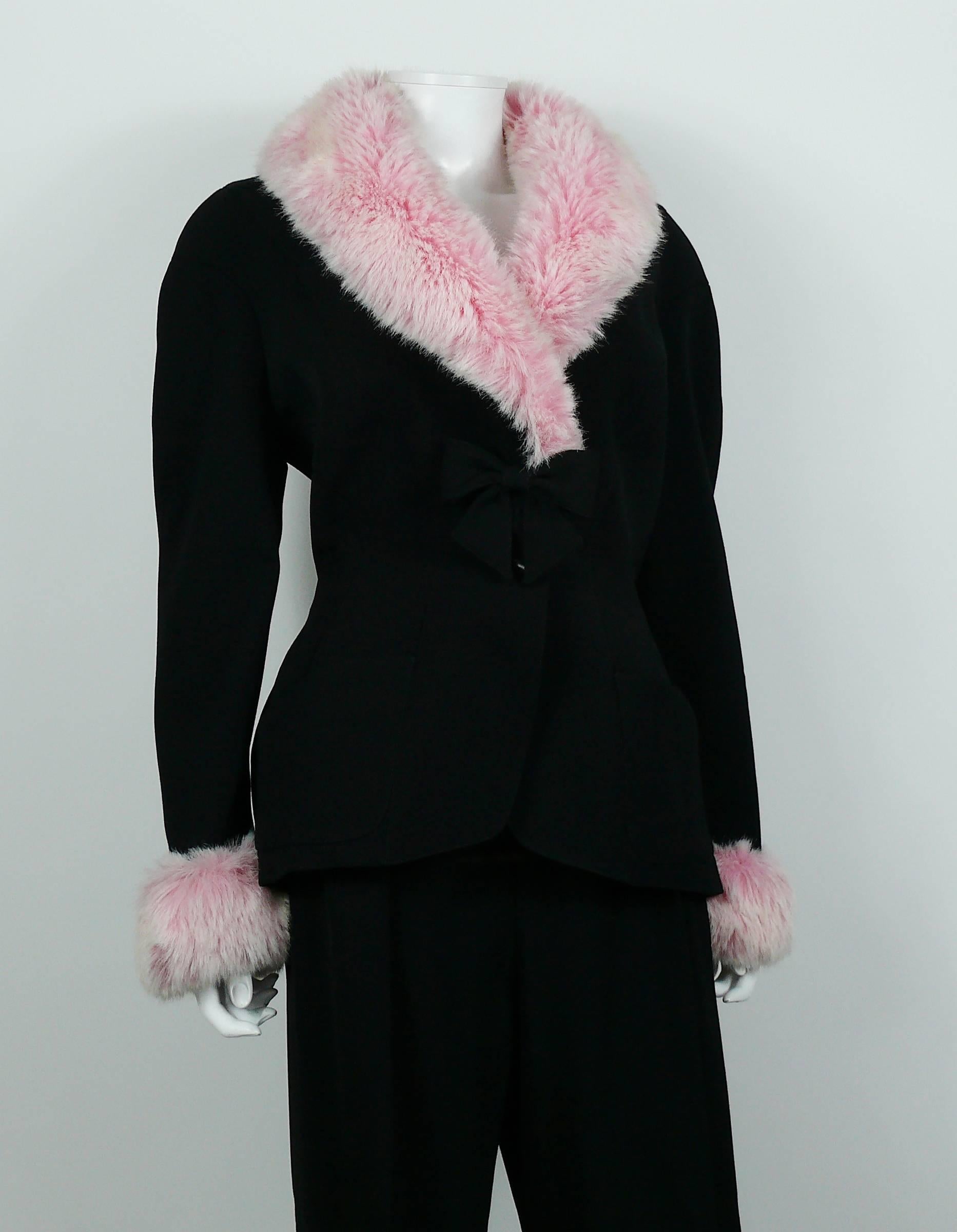 Thierry Mugler Vintage Black Worsted Wool and Faux Pink Fur Pant Suit In Excellent Condition In Nice, FR