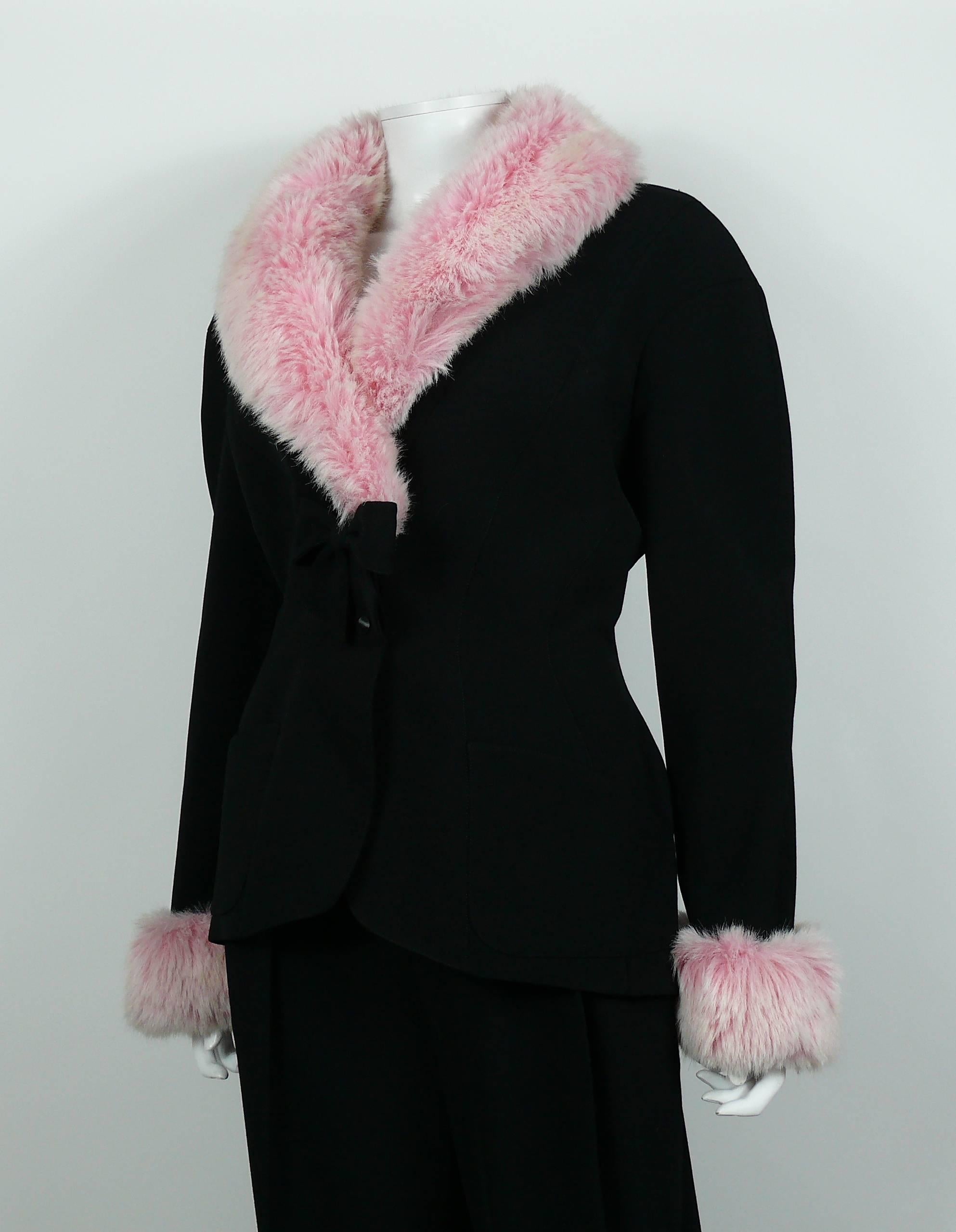 Thierry Mugler Vintage Black Worsted Wool and Faux Pink Fur Pant Suit 3