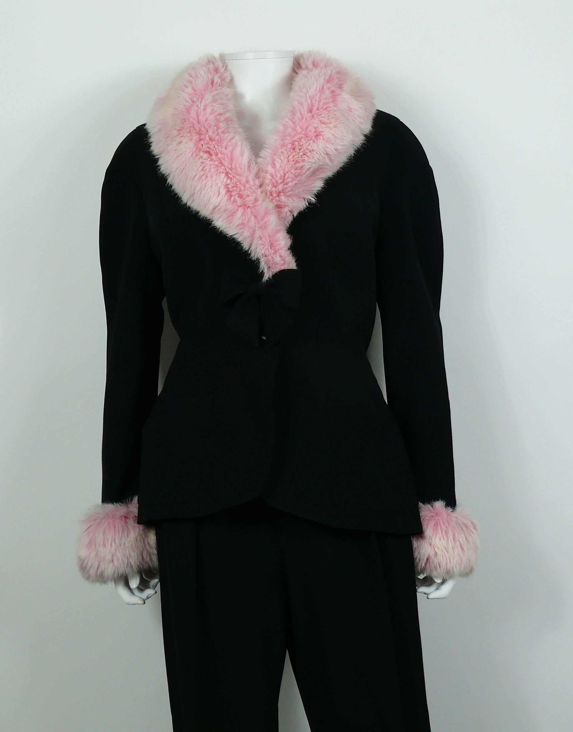 Women's Thierry Mugler Vintage Black Worsted Wool and Faux Pink Fur Pant Suit