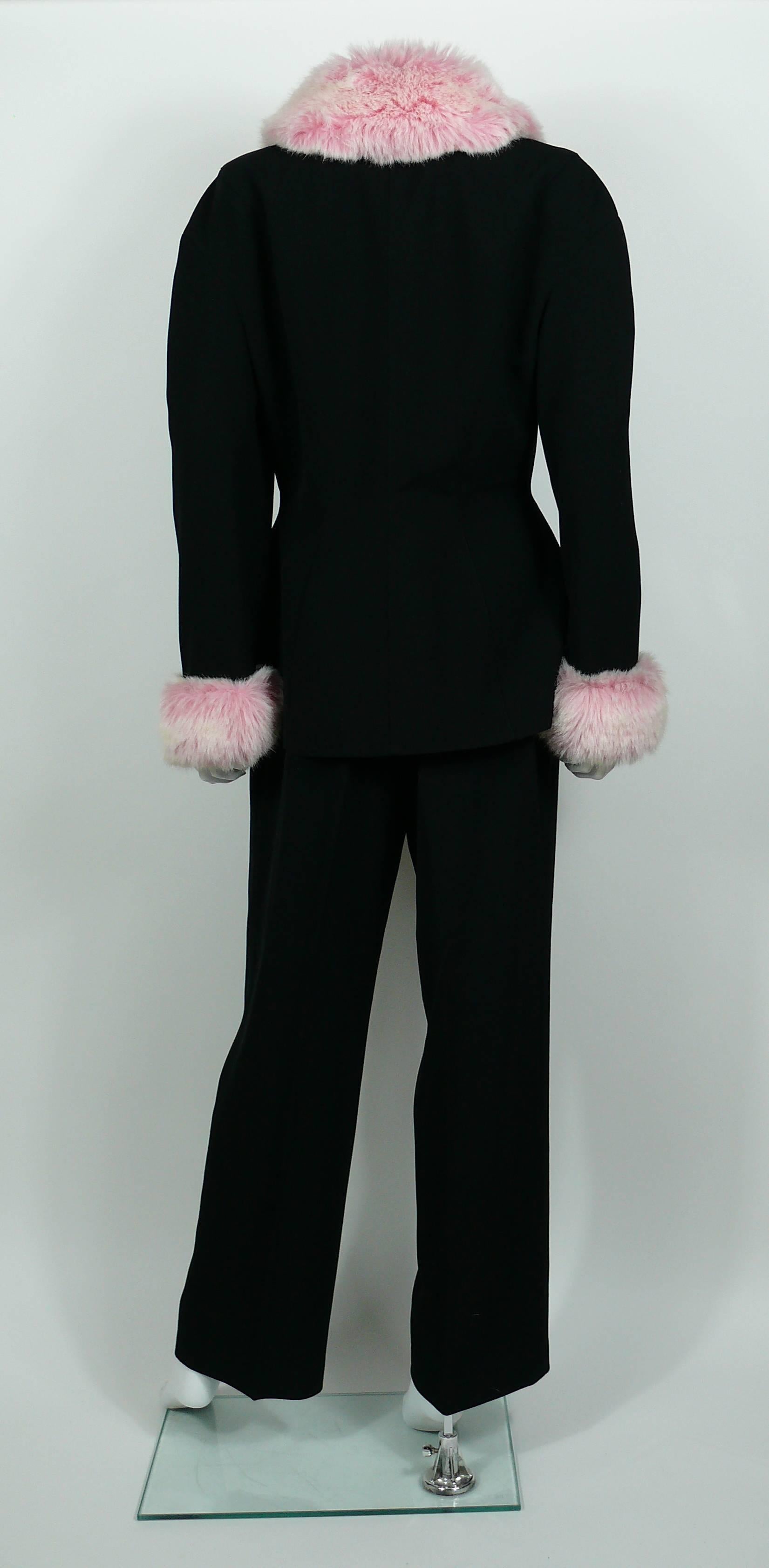 Thierry Mugler Vintage Black Worsted Wool and Faux Pink Fur Pant Suit 4
