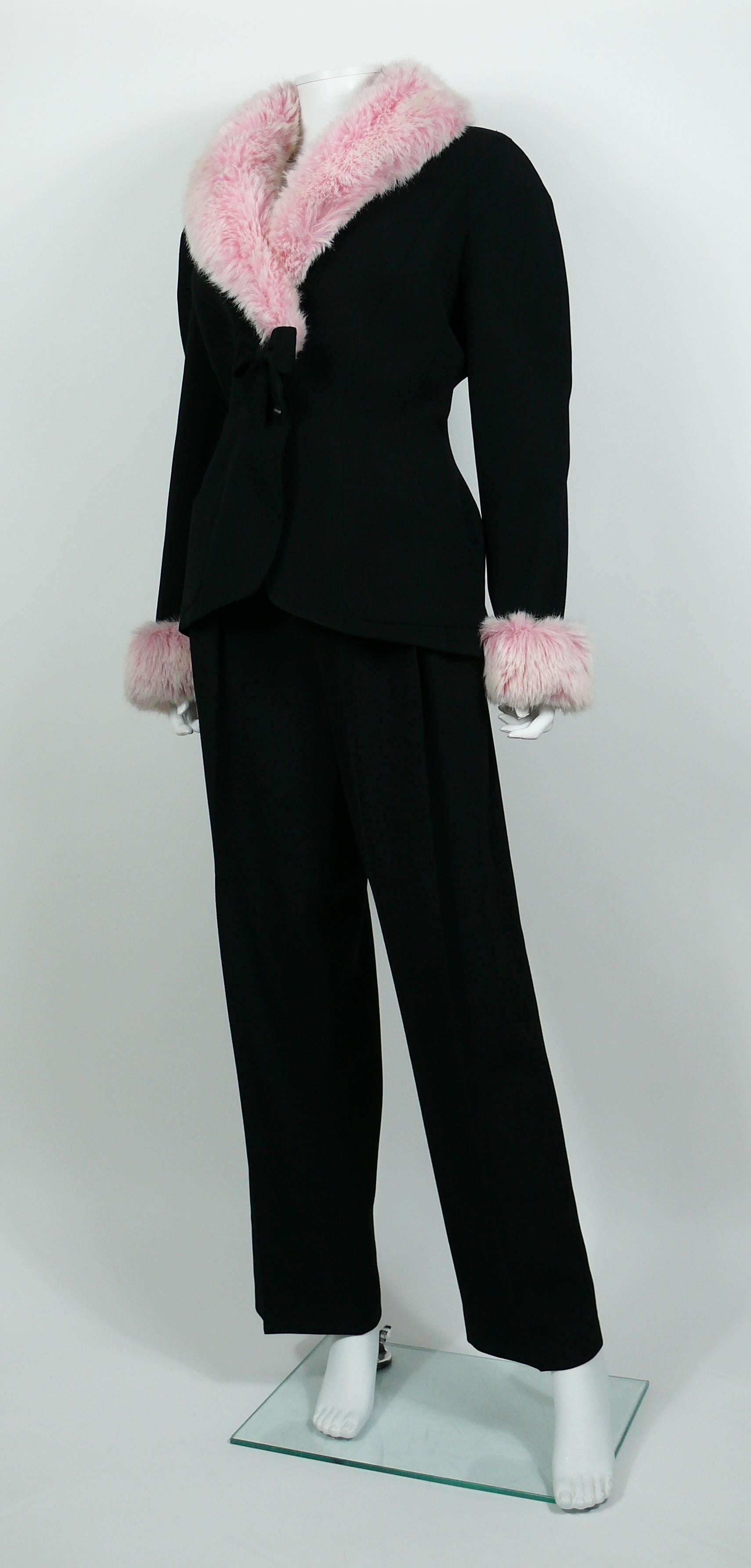 Thierry Mugler Vintage Black Worsted Wool and Faux Pink Fur Pant Suit 2