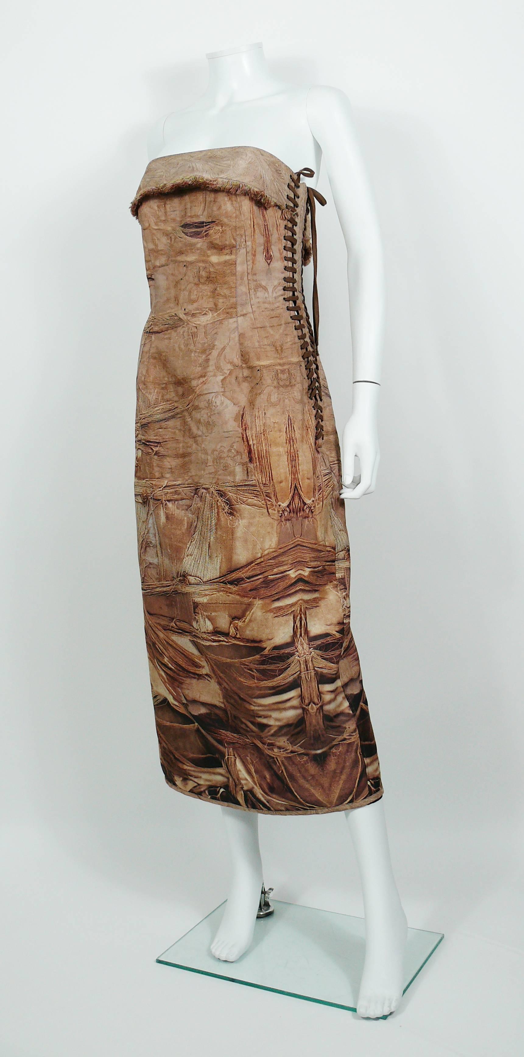 Brown Jean Paul Gaultier Stunning Torn Fabric Trompe L'Oeil Bustier Dress USA Size 10