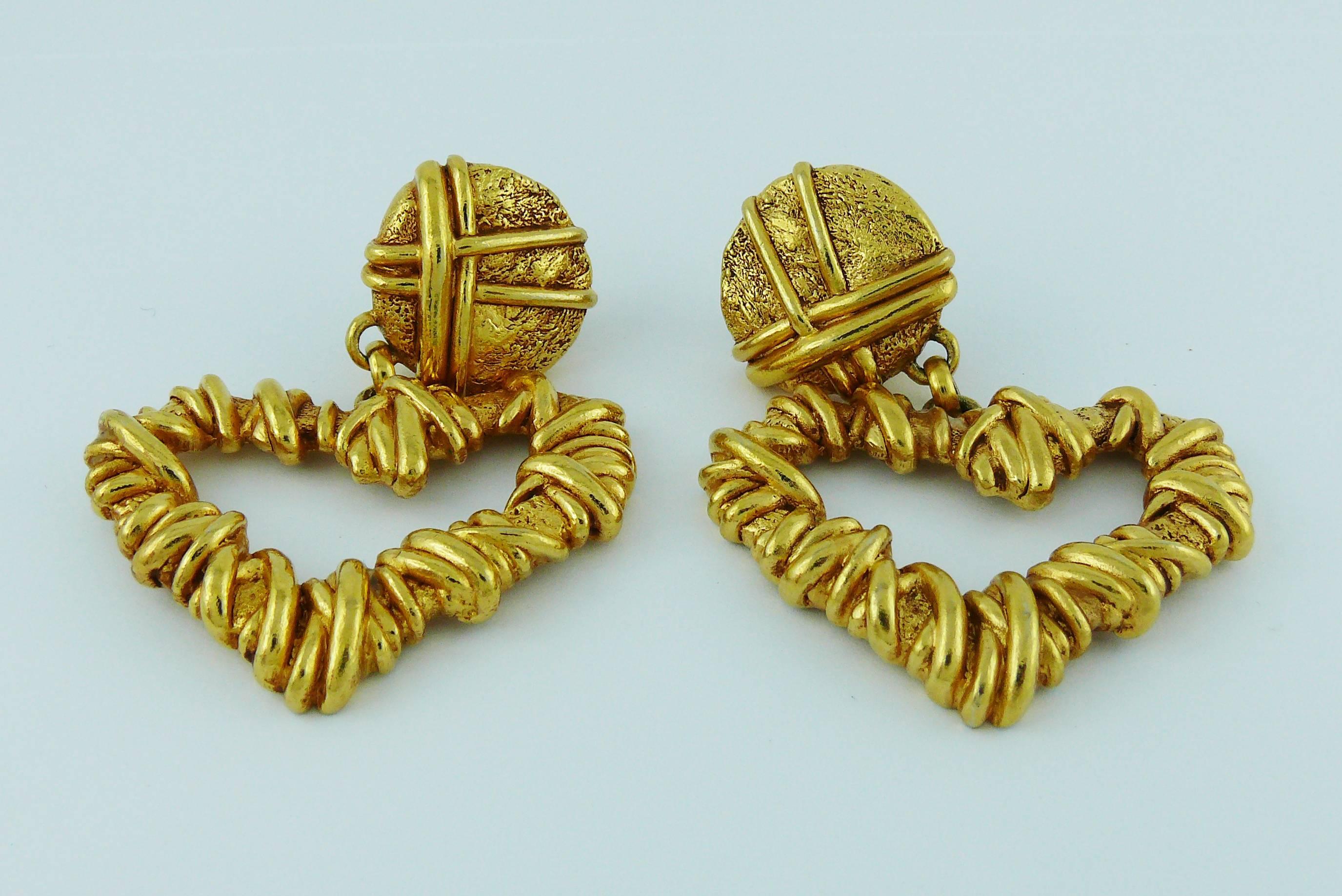 Women's Christian Lacroix Vintage Gold Toned Wired Heart Dangling Earrings