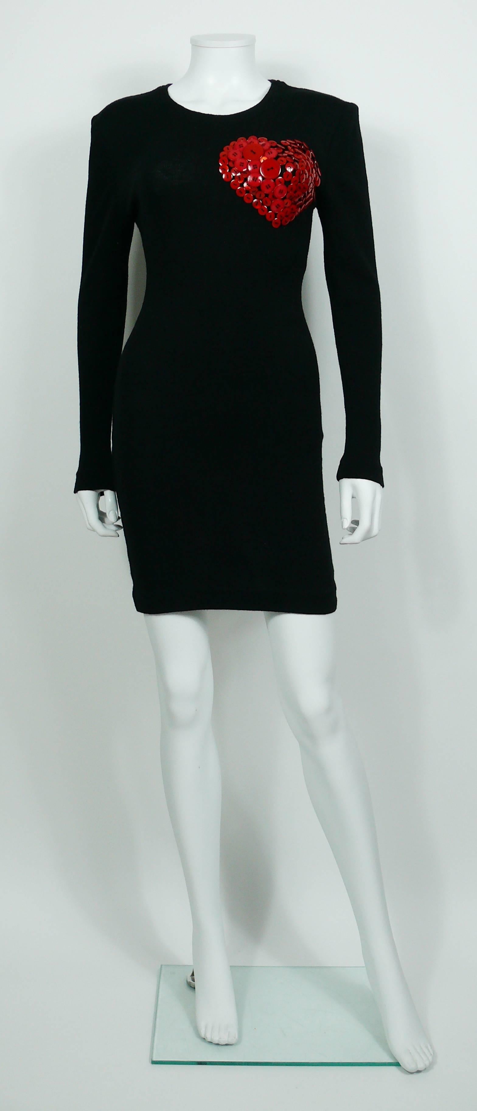 Patrick Kelly Vintage 1980s Black Wool Iconic Dress Heart Buttons In Good Condition In Nice, FR