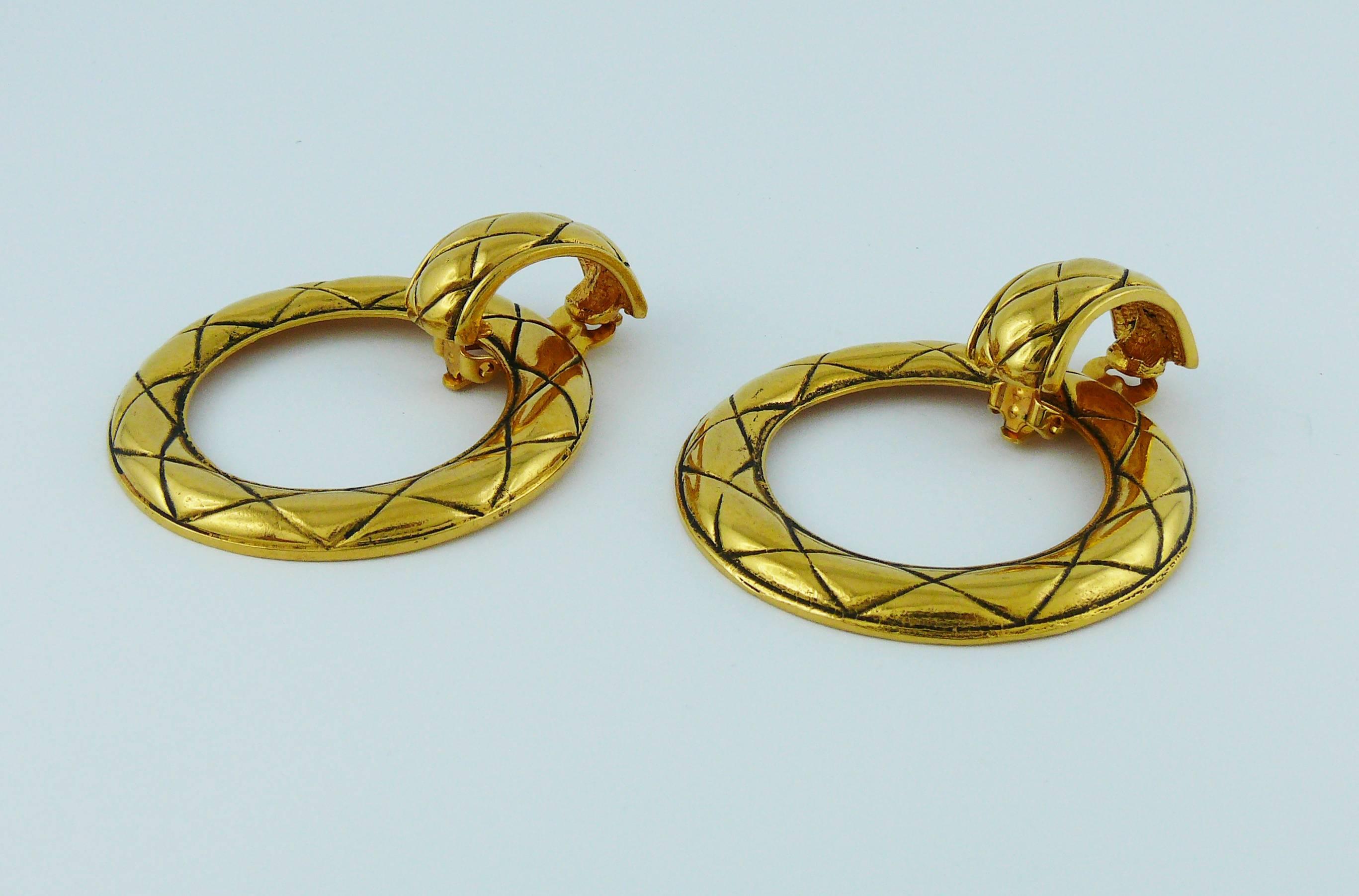 Chanel Vintage Classic Gold Tone Quilted Hoop Earrings 1
