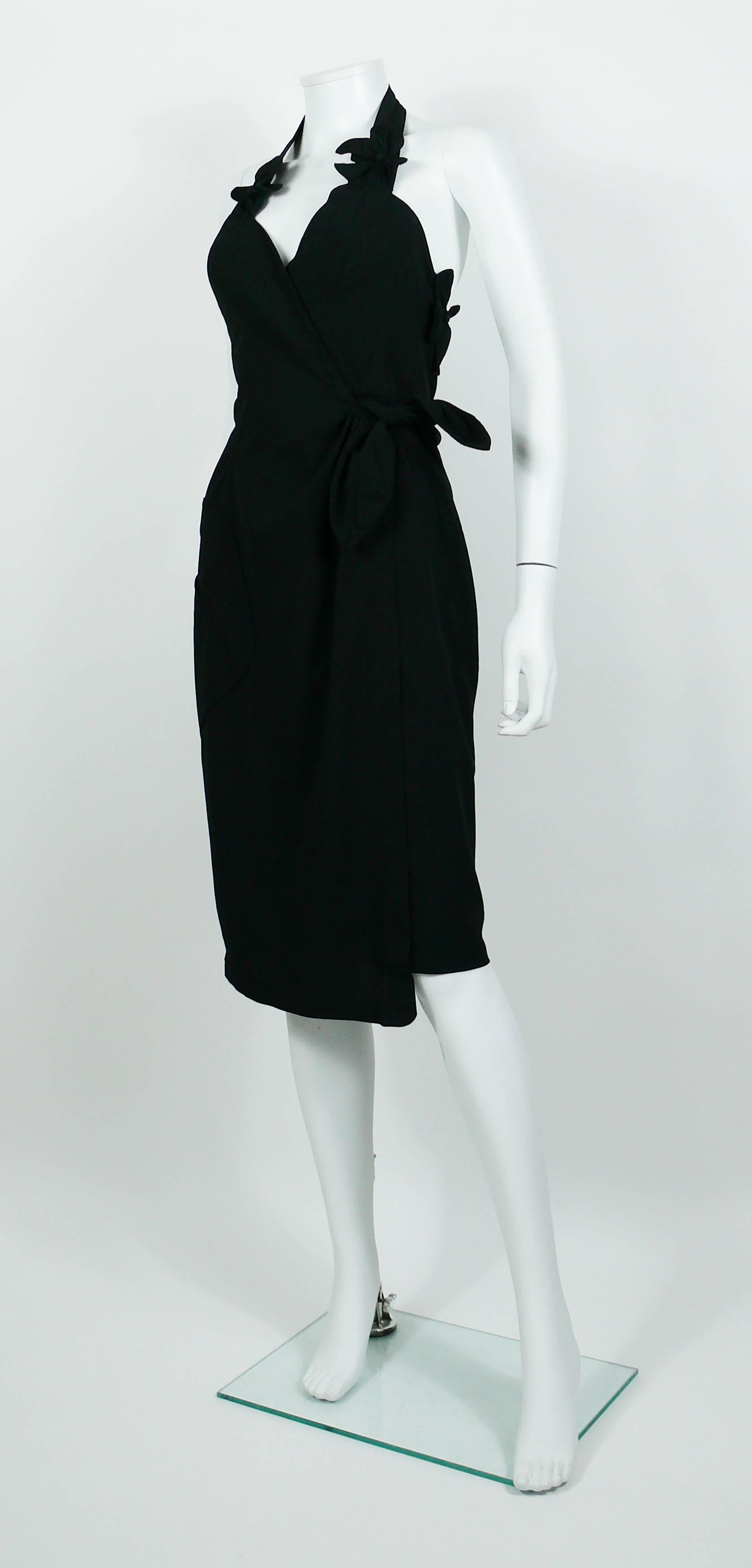 Women's Thierry Mugler Vintage Black Halter Dress with Floral Detail