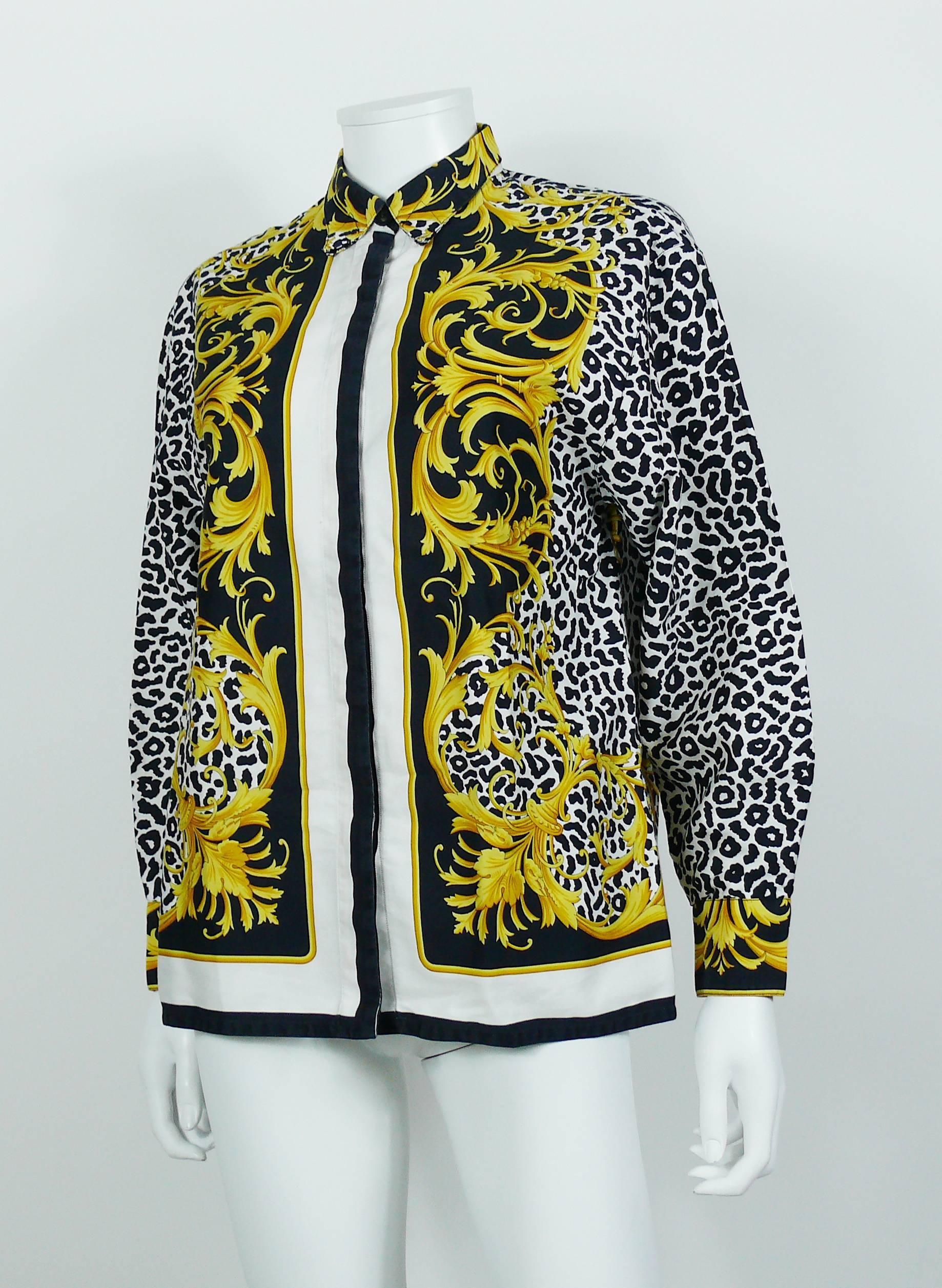 Beige Versace Classic V2 Vintage Baroque Leopard Print Cotton Shirt Unisex Size 42 For Sale