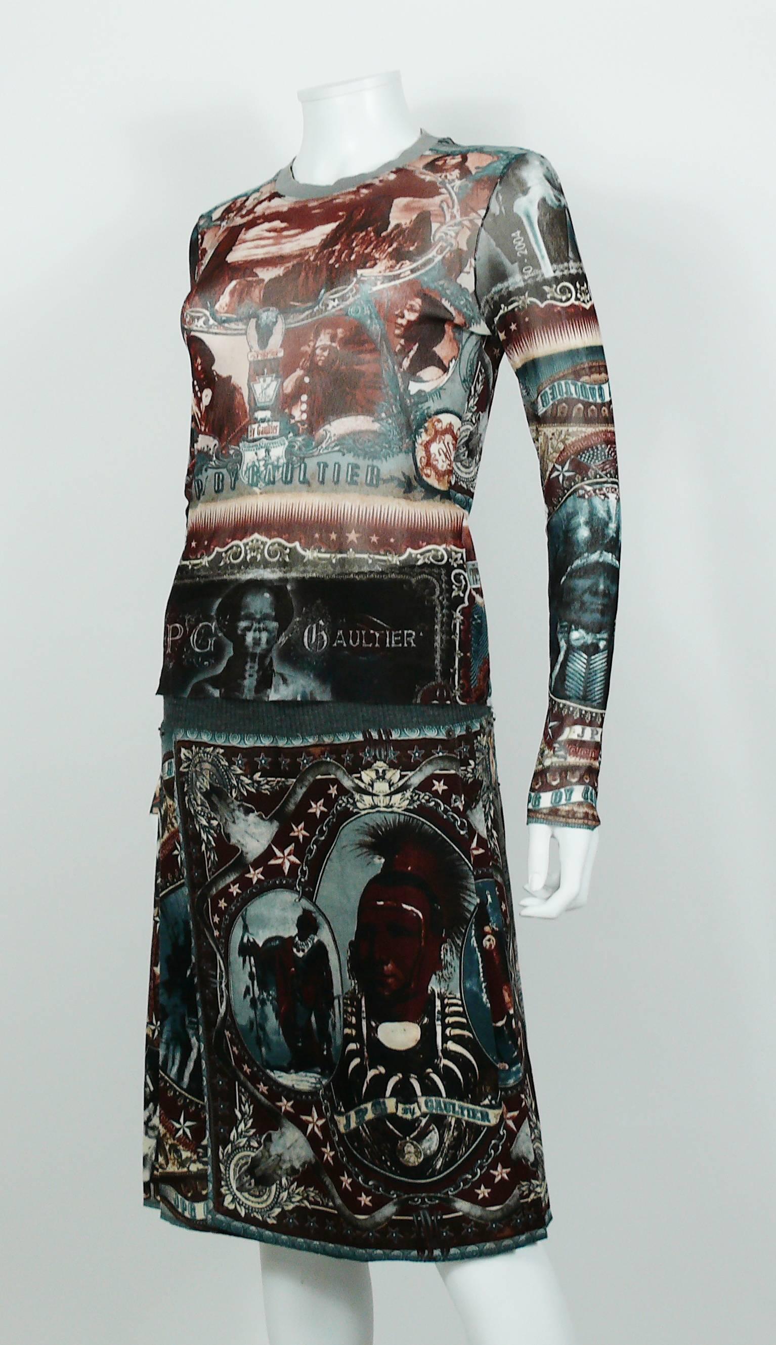 Black Jean Paul Gaultier Vintage Native American Print Top and Skirt Ensemble