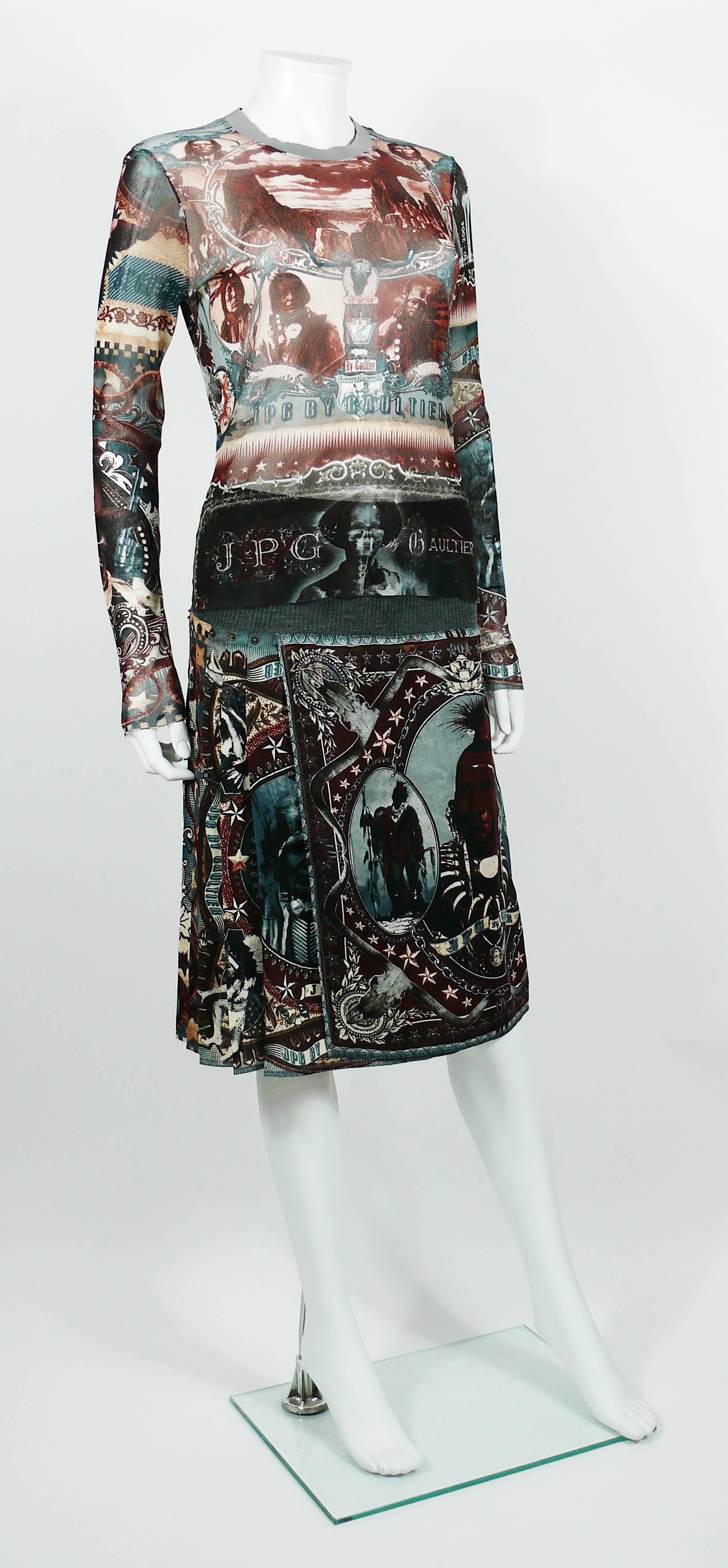 JEAN PAUL GAULTIER top and skirt ensemble featuring a native American print design.

SKIRT
- Pleated on both sides with rivets
- Slips on
- Label reads JPG JEAN'S by GAULTIER
- Made in Italy
- Size label reads : 40 (please refer to measurements)
-