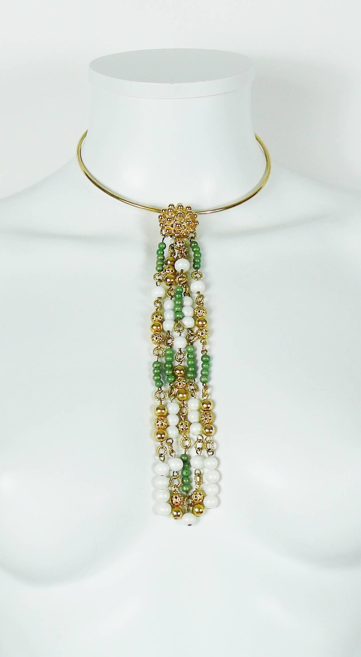 CHRISTIAN DIOR vintage collar necklace featuring a long pendant with glass (white, green) and gold toned beads.

MARC BOHAN era.

Dated 1969.
Marked CHR. DIOR Germany.

Indicative measurements : inner circumference approx. 38.01 cm (14.96 inches -